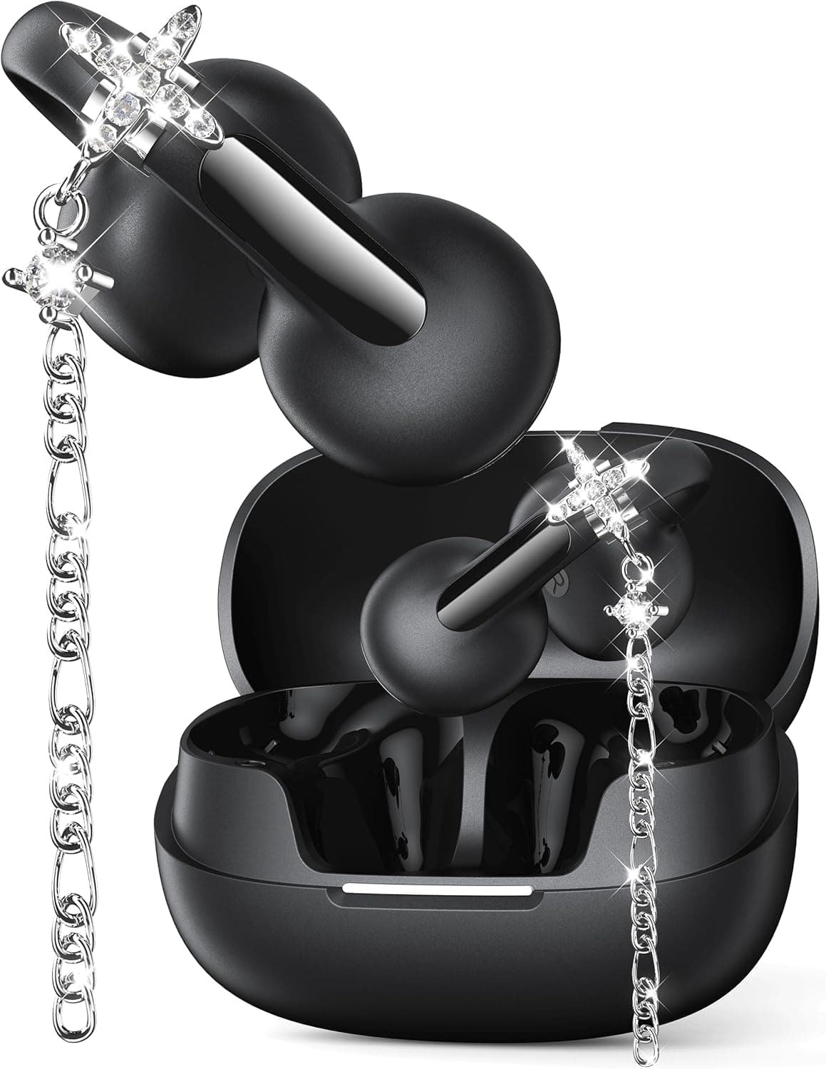 Open Ear Headphones with Dangling Star Jewelry Earrings, Wireless Bluetooth 6.0 Clip-on Earbuds, 50H Playtime, Comfortable Snug Fit, Chic Tech Accessories & Gifts for Women&Kids(Black)
