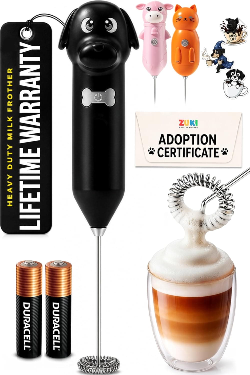 Zulay Kitchen Dog Milk Frother Wand – Cutesy Frother, Meet Your New Frothing Buddy Ace The Dog, Adoption Papers and Stickers Included, Paw-fectly for Lattes, Cappuccino & Matcha – Black - image 1
