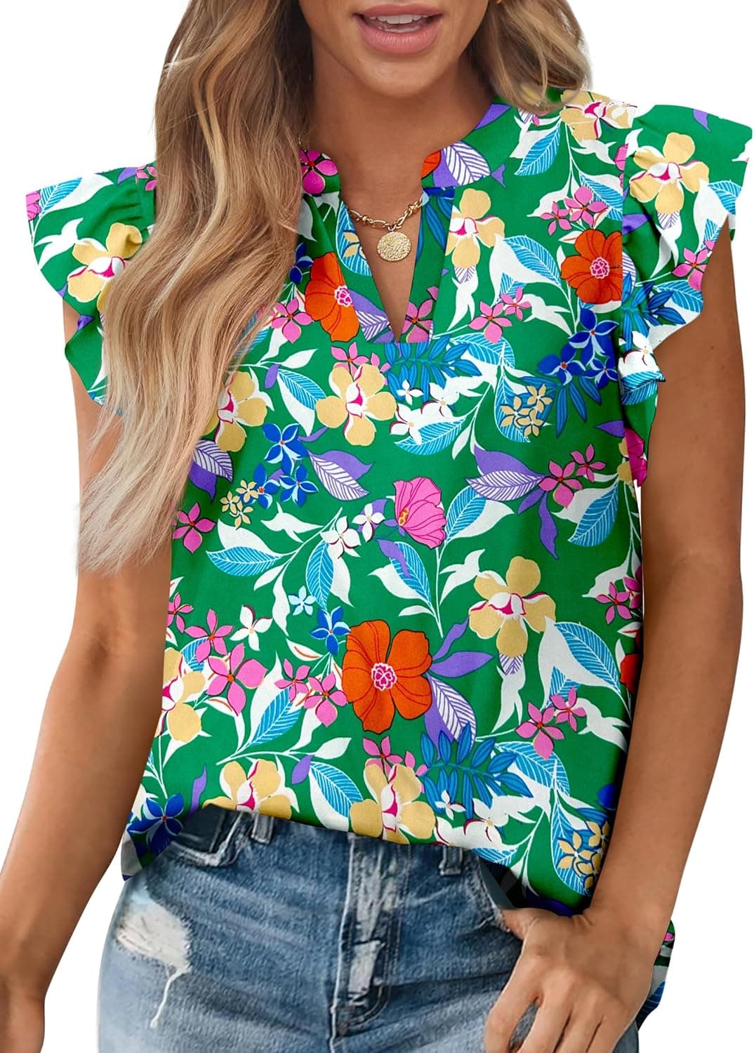 Zenlonr Womens Dressy Casual Tops 2026 Summer Ruffle Cap Sleeve V Neck Shirts Boho Floral Blouses Vacation Outfits - image 1