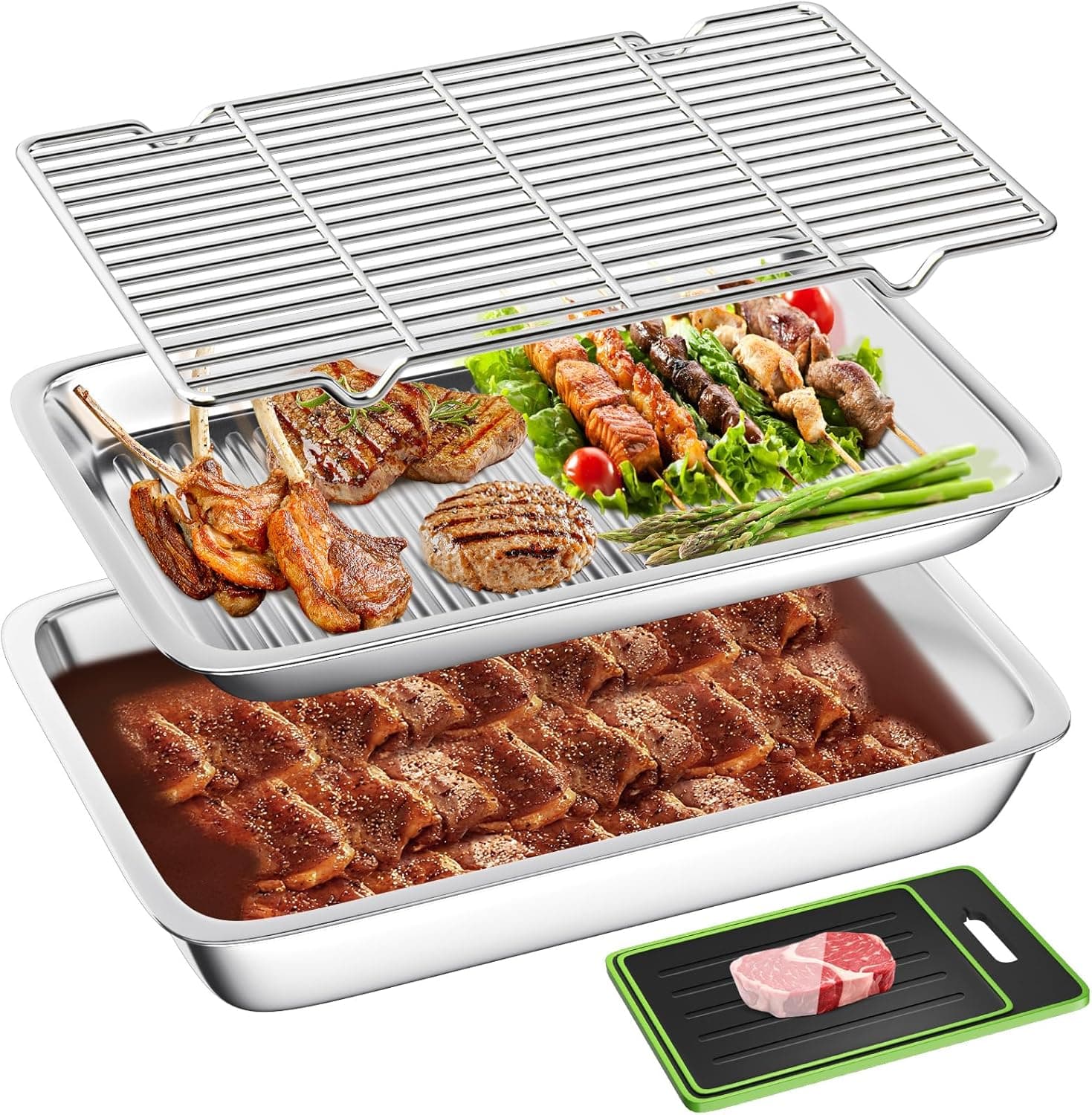 Grilling Prep and Serve Trays, 4 in 1 Stackable Stainless Steel BBQ Food Prep Trays with Cutting Board, Deep Marinating Container, Cooling Rack, Grill Pans BBQ Prep Tub, BBQ Accessories Gift - image 1