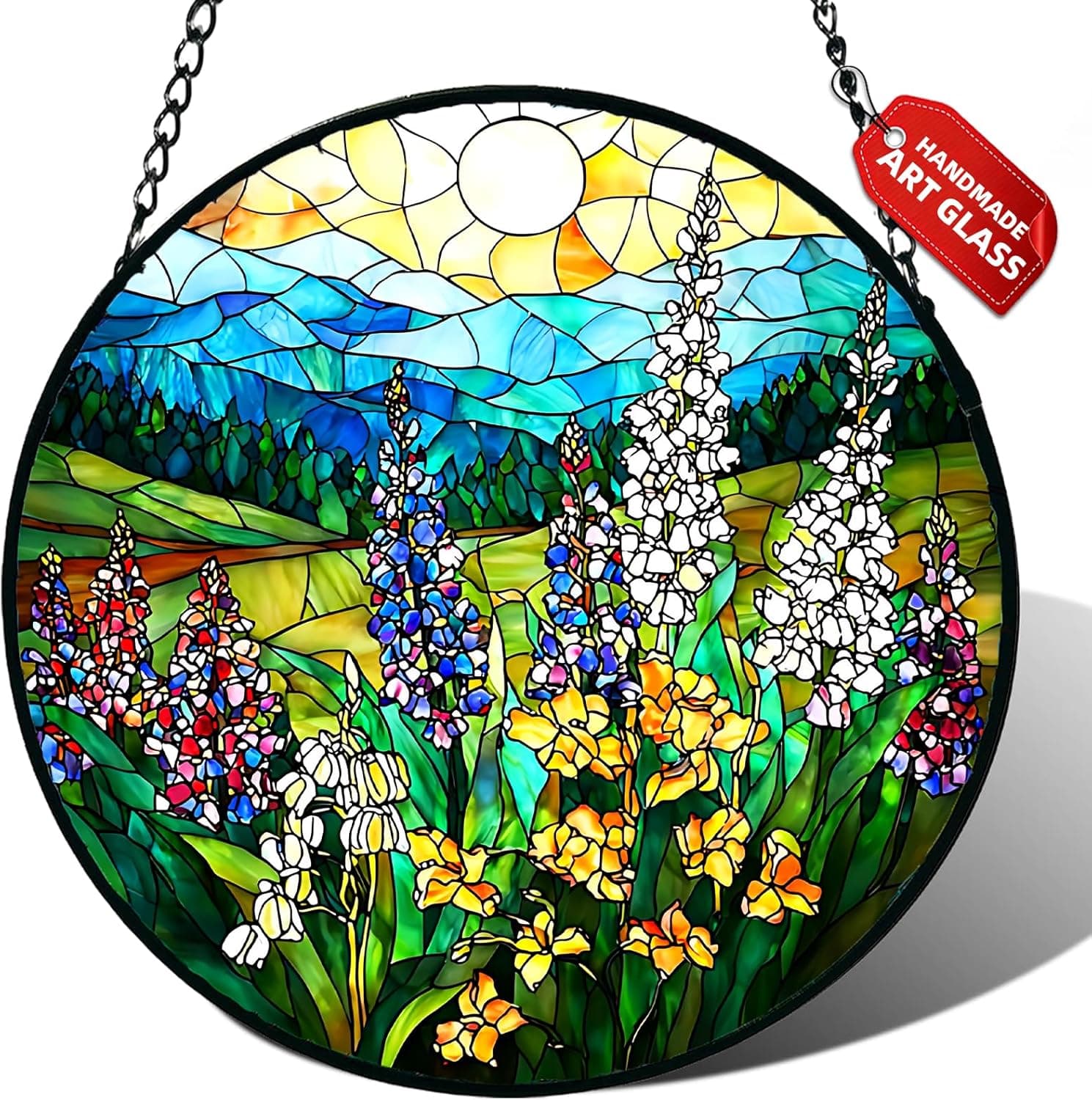 Stained Glass Window Hanging, Wildflowers Plant Scenery Suncatcher for Door Home Decor,Valley Sunrise Sun Catcher Ornament Mother's Day Birthday Gifts for Women Men Mom 6.3 in