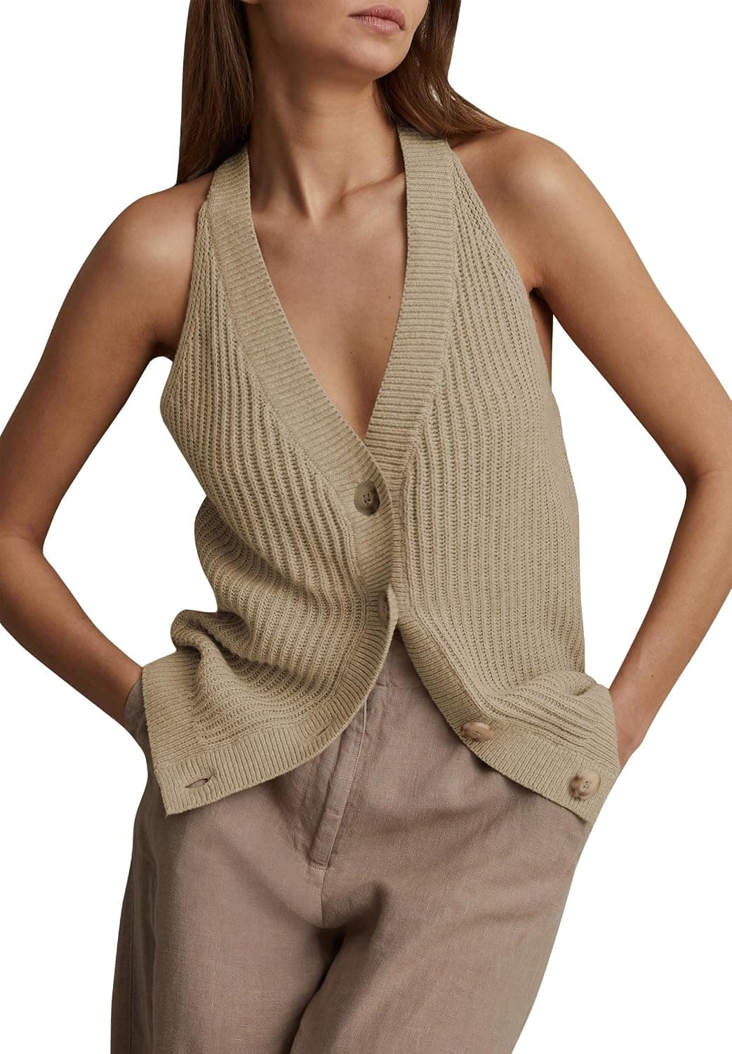 Women Sweater Vest Button Down Sleeveless V Neck Knit Tank Top Cardigan Vest Khaki M
