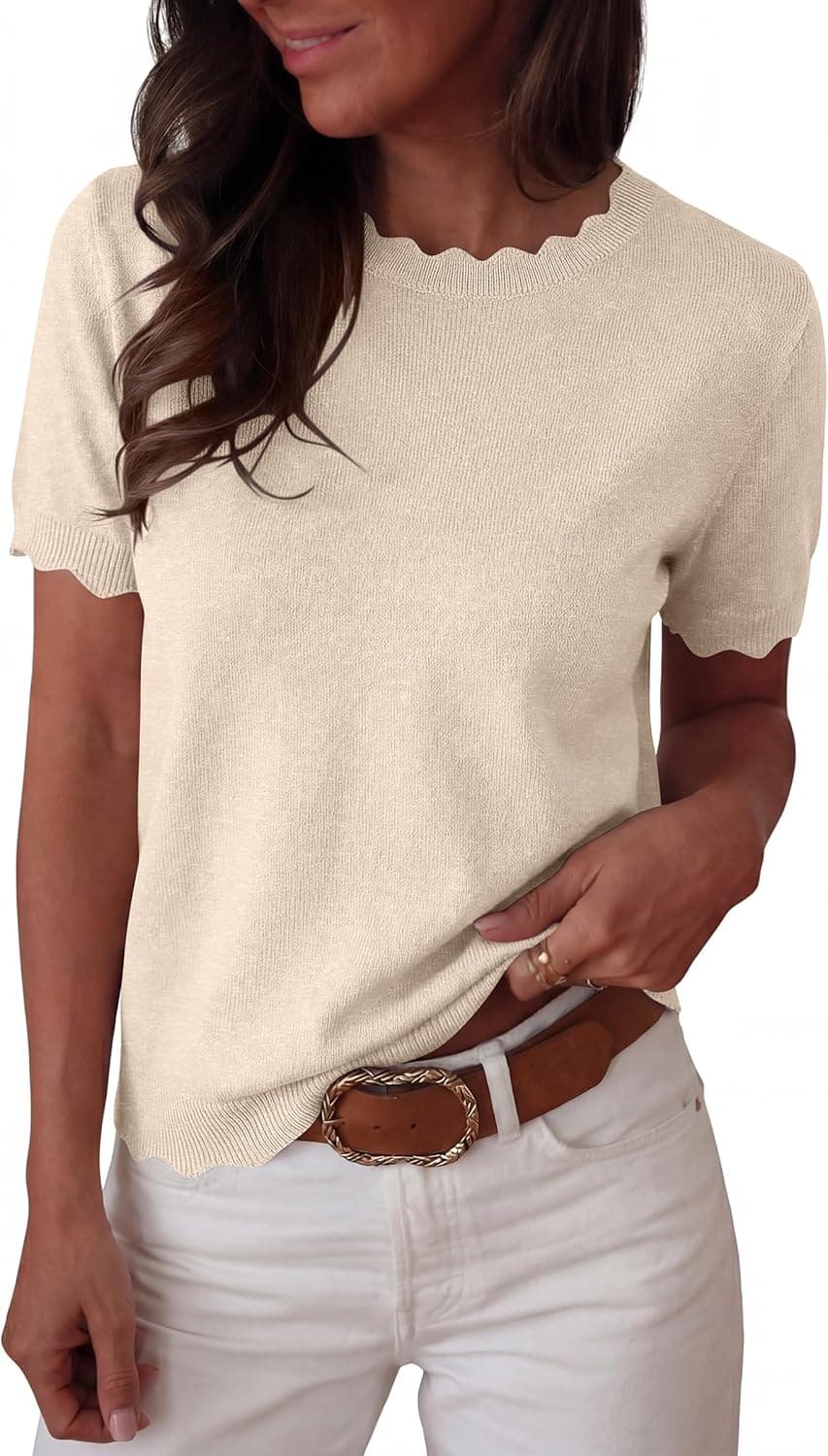 ANRABESS Womens Short Sleeve Sweater Summer Sweaters Top Dressy Scalloped Loose Business Casual Vacation Outfits 2026