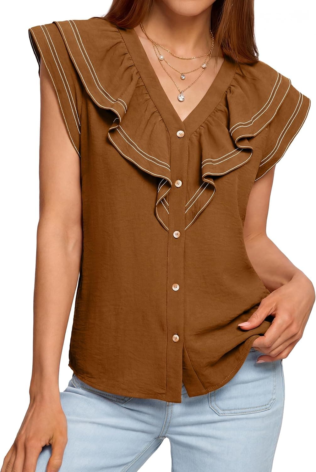 BerryGo Women's Summer Ruffle Button Down Tops Casual Dressy V Neck Blouse Trendy Fashion Cap Sleeve Shirt for Work Vacation - image 1