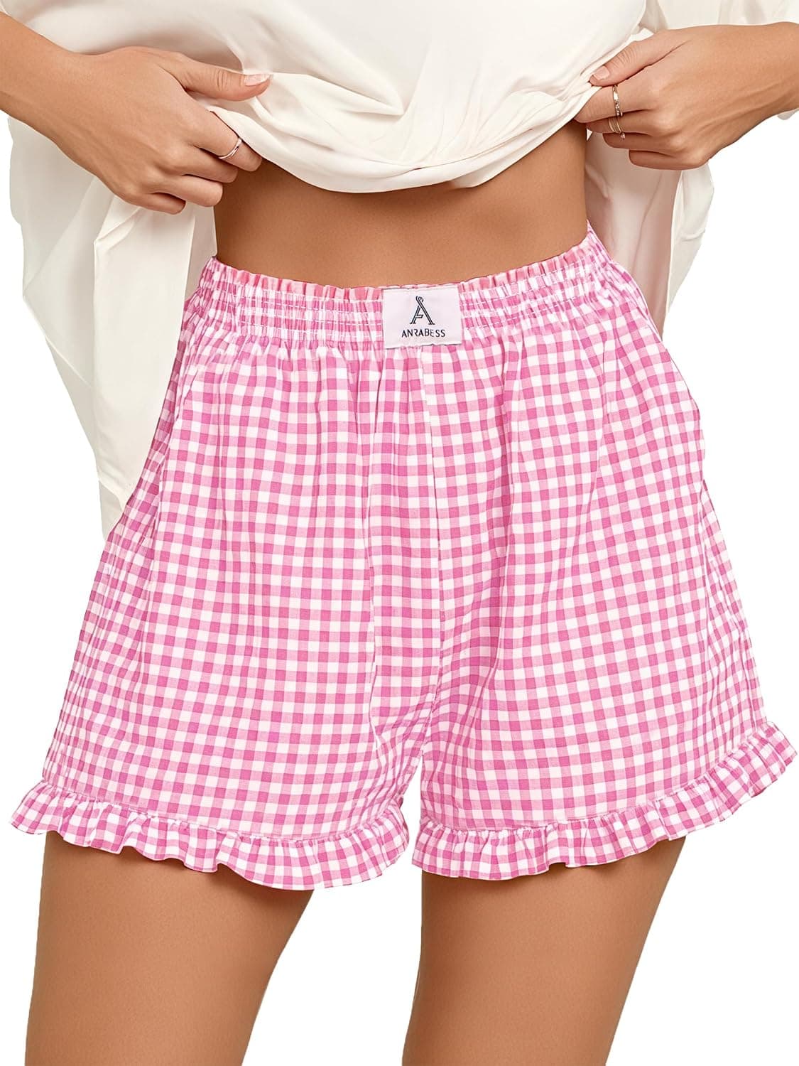 ANRABESS Boxer Shorts for Women, Gingham Plaid Elastic Waist Ruffle - Cute Summer Lounge Bottoms