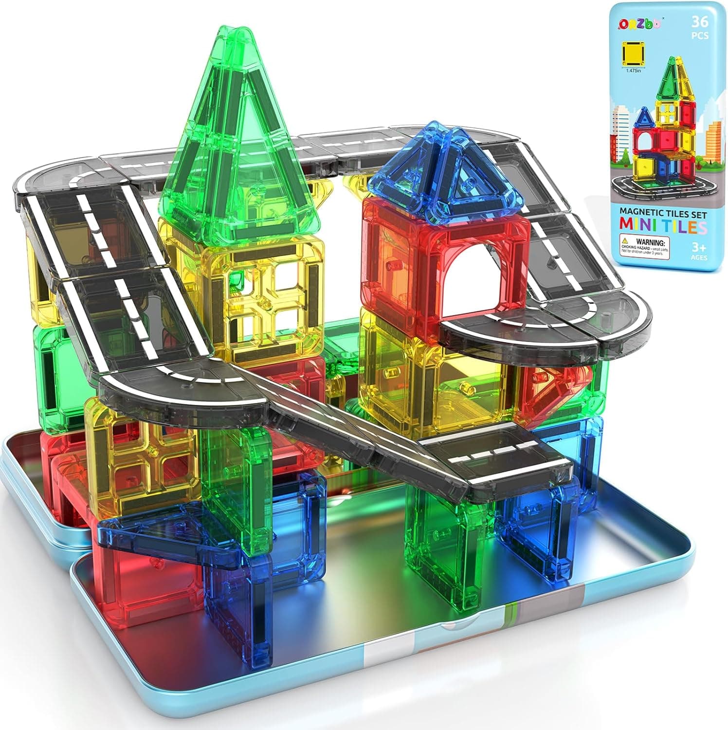 ORZbb Mini Magnetic Tiles Road with Case Toddler Travel Toys Trip Essentials Set