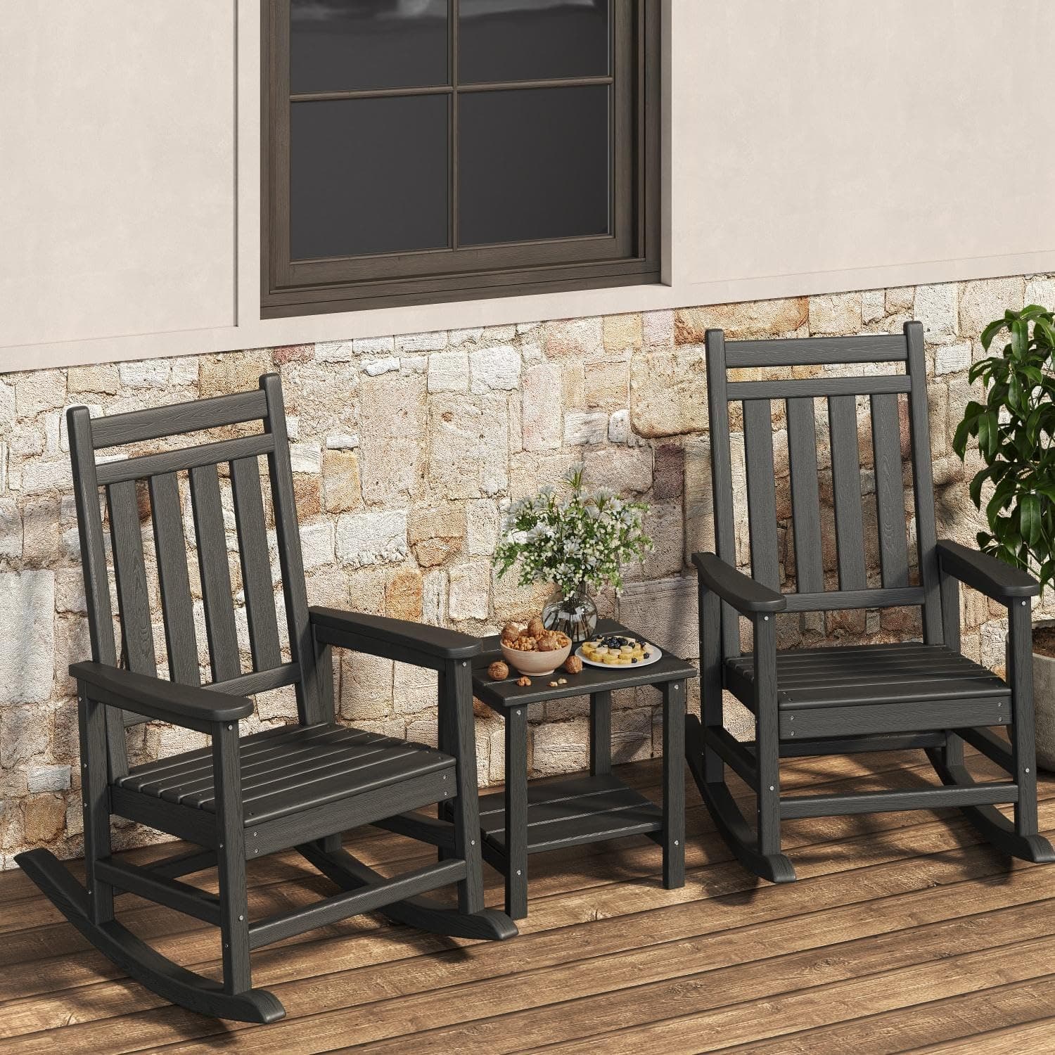 Garvee HDPE Rocking Chair Outdoor Set of 2 with Side Table – All‑Weather Poly High‑Back Porch Rockers (Black) - image 1