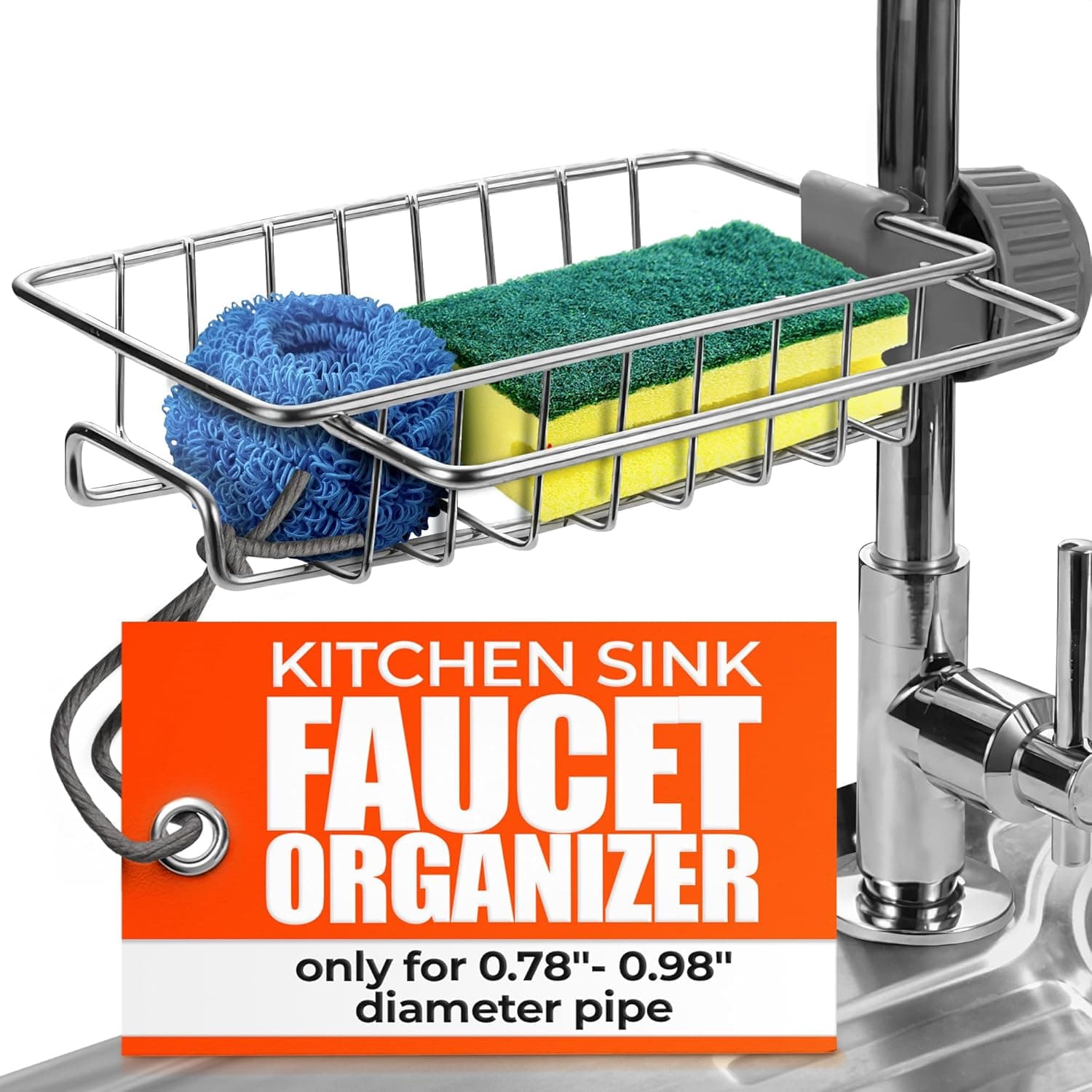 Faucet Sponge Holder for Kitchen Sink - Fits for 0.78"-0.98" Diameter Pipe Stylish Kitchen Sink Faucet Organizer, Stainless Steel, Rust-Resistant, 360° Rotating Design for Soap, Scrubbers, Bathroom