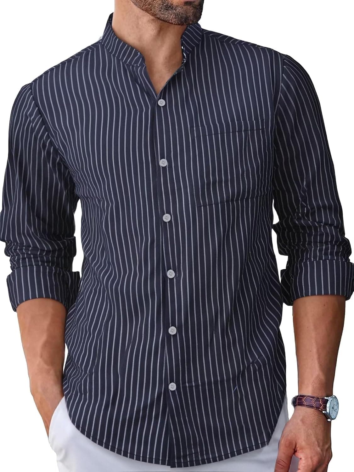BAYAMO Men's Banded Collar Stripe Shirt, Linen Cotton Mandarin Collar Long Sleeve Button Down Shirts Collarless Tops(Navy Blue X-Large) - image 1