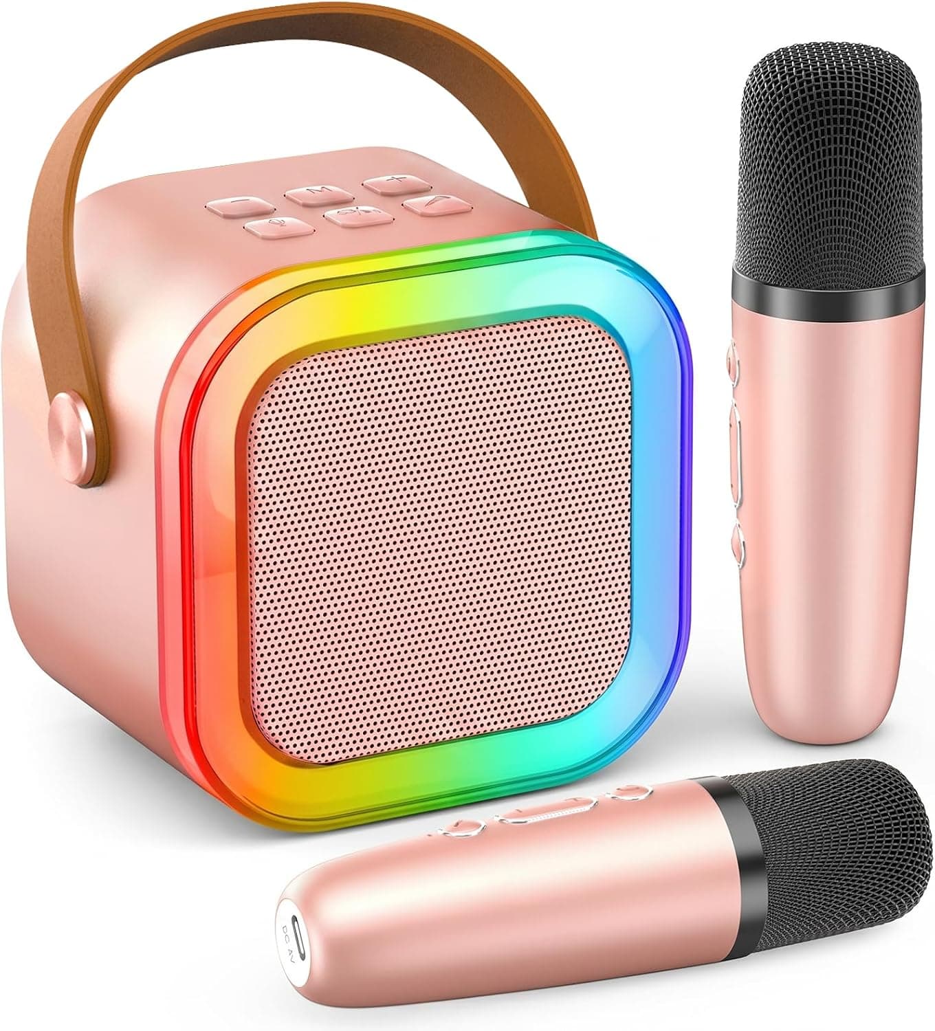 Mini Karaoke Machine for Kids Adults, Portable Bluetooth Speaker with 2 Wireless Mics (Rose Gold)