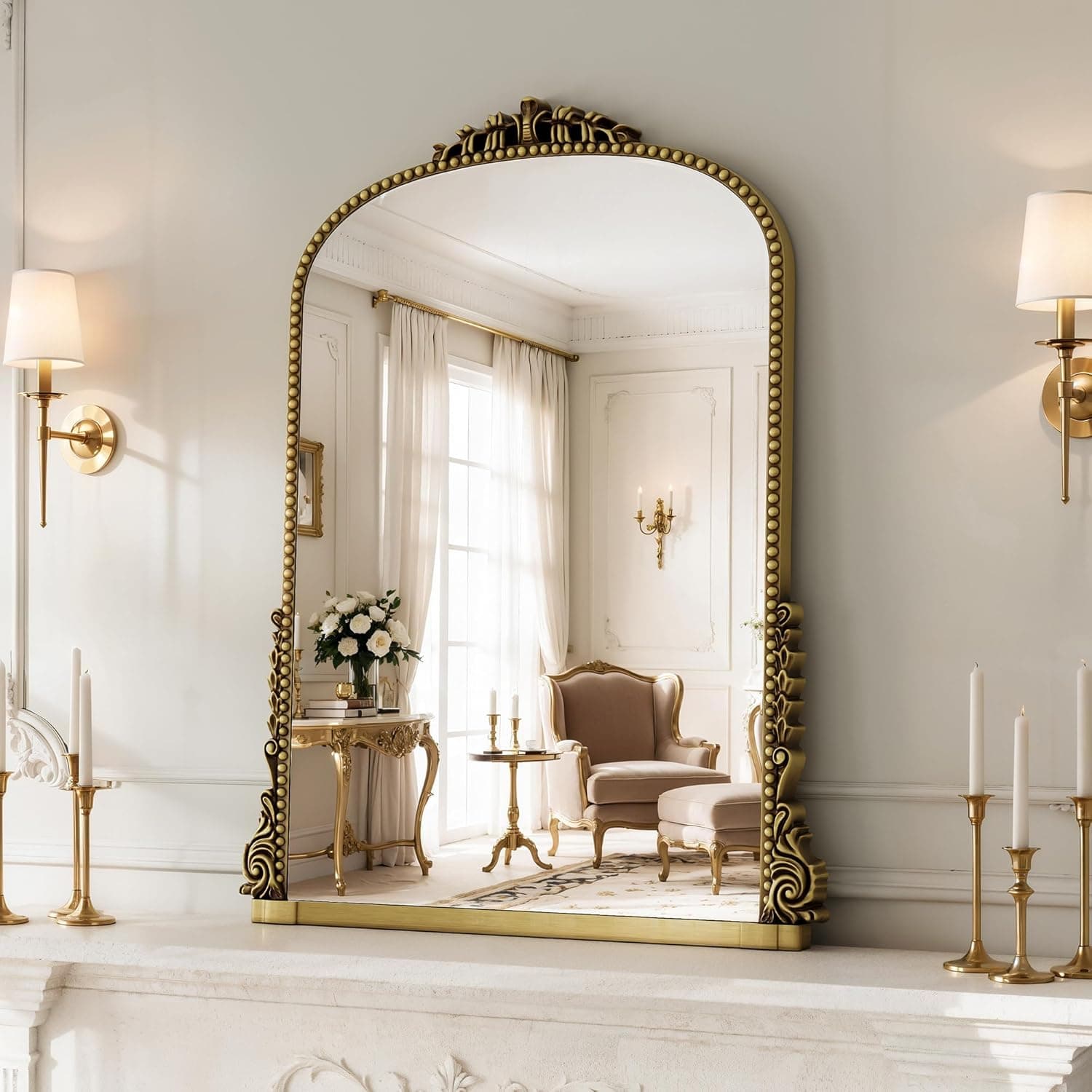 24x32 inch Arched Bathroom Mirror - Wall Vanity Mirror with Beautiful Retro Top and Bottom Engraving Process Frame, for Entryway, Fireplace, Living Room, Hallway or Wall Decor (Upgrade Tempered Glass)