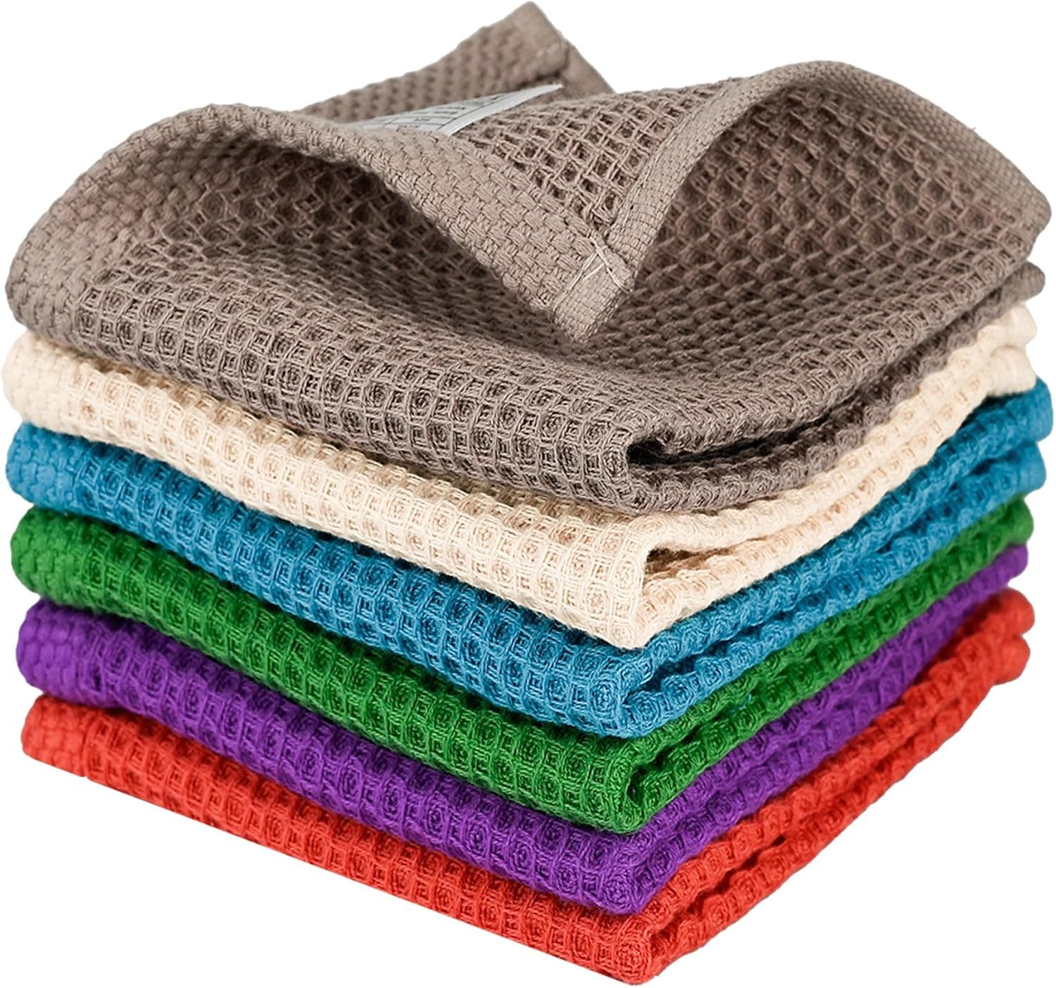 100% Cotton Kitchen Dish Cloths, 6 Pack Ultra Soft Absorbent Waffle Weave Dish Towels for Drying Dishes Quick, 12 * 12 Inches（Colord - image 1