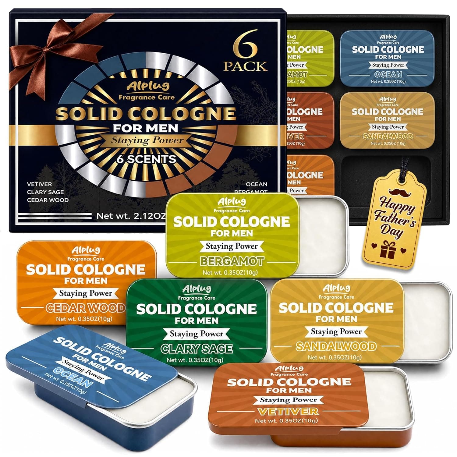 6 Pack Solid Cologne Gifts for Men, Fathers Day Gift for Dad Husband from Wife Daughter, Mens Cologne Gifts with Cedar Wood, Bergamot, Sandalwood, Clary Sage, Vetiver, Ocean Perfume, Travel Gift