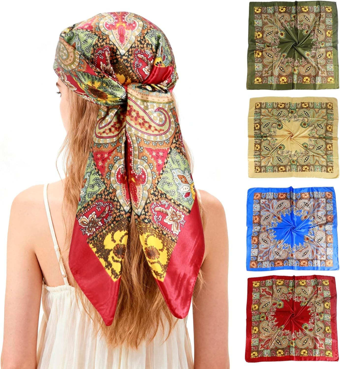 Ciormis 35" Silk Head Scarf for Women, 4 Pcs Satin Hair Scarf Square Silk Bandana Top Neck Scarves Hair Wraps for Sleeping