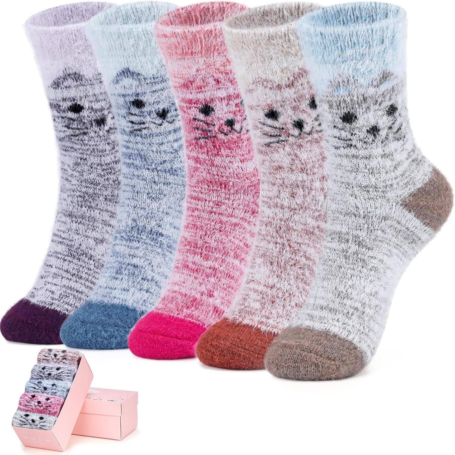 ICEIVY 5 Pack Women Thick Soft Warm Fuzzy Socks Winter Wool Fluffy Cozy Casual Home Sleep Socks with Gifts Box - image 1