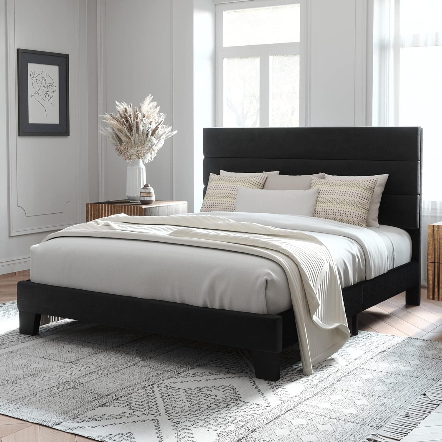 Allewie Queen Size Platform Bed Frame with Velvet Upholstered Headboard & Wooden Slats - image 1