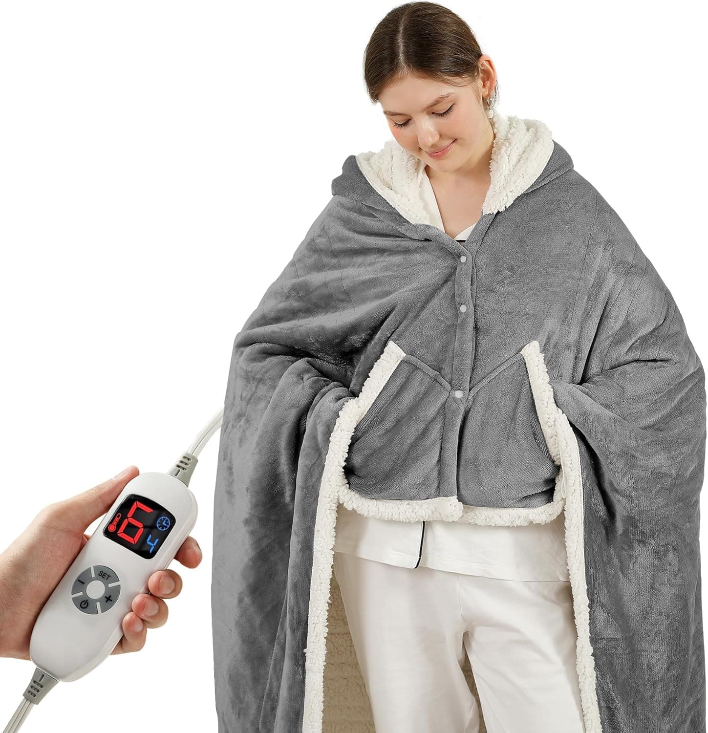 Wearable Heated Blanket Electric Throw, Heated Shawl with 6 Heating Levels and 1-4 Hours Auto Off, Heated Hoodie Women for Mom Women Seniors Grandma 50"×64" Light Grey