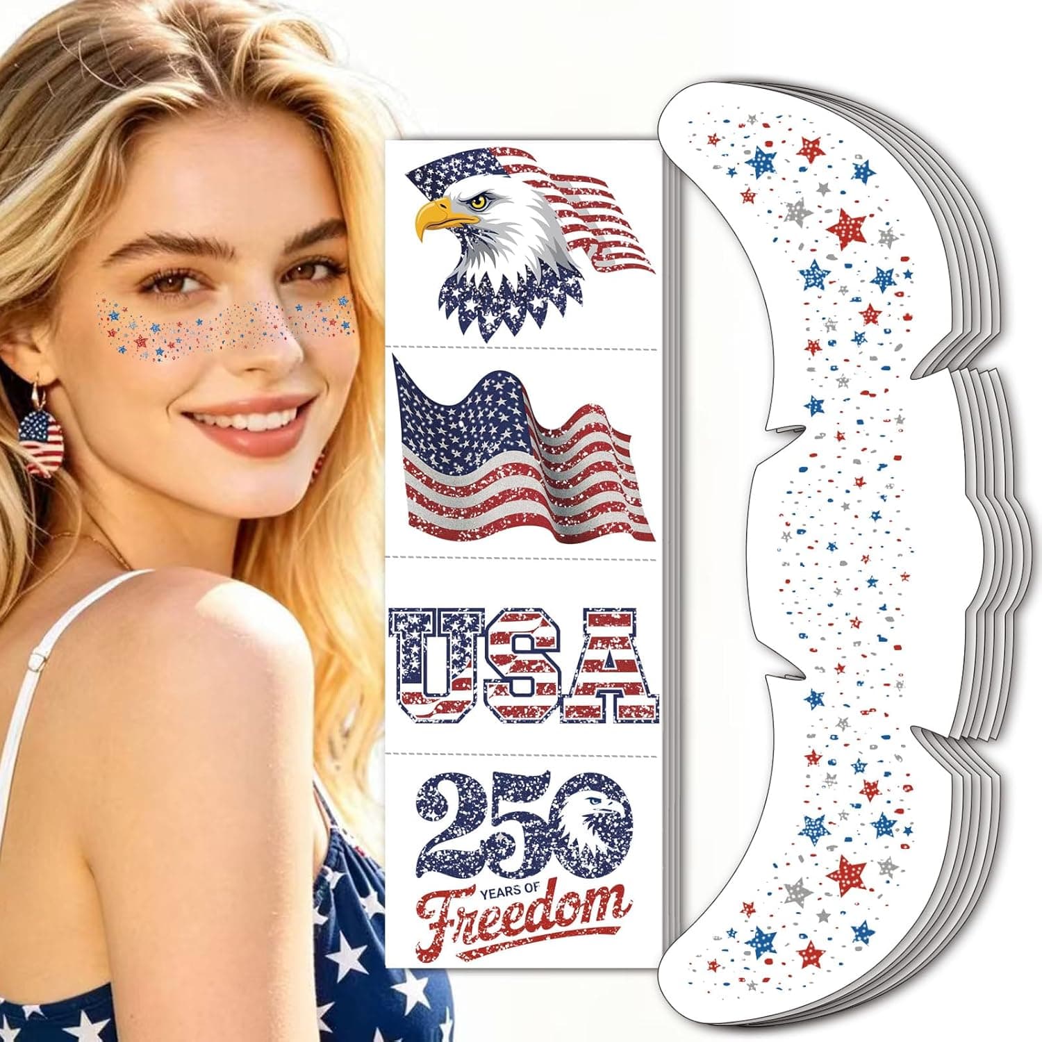 4th of July Glitter Freckles Face Tattoo 250 Anniversary USA Temporary Tattoos, Fourth of July Red White and Blue Flag Star Stickers Patriotic Outfit Accessories Decorations for Women Independence Day