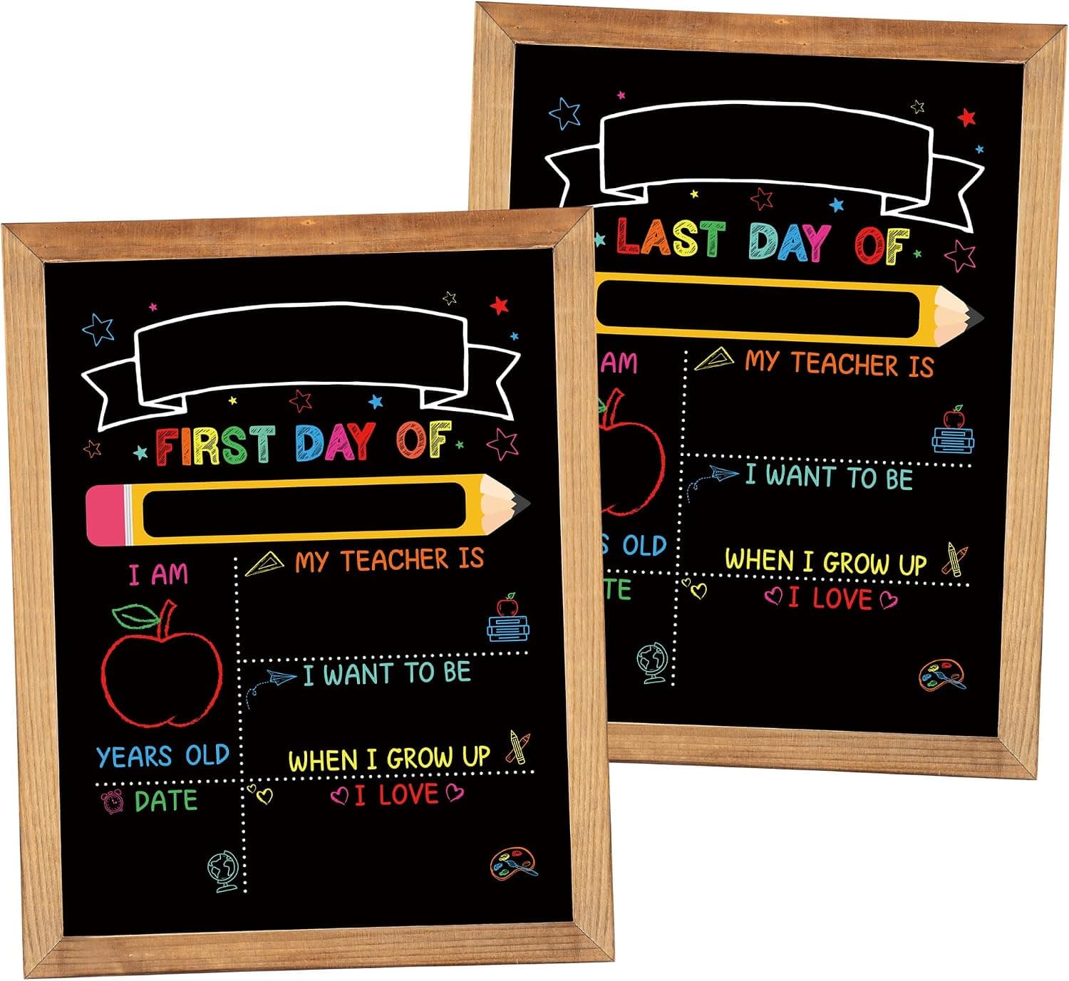 First and Last Day of School Board Sign 11x14in Double Sided Back to School Chalkboard Signs with Frame Reusable Wood 1st Day of Preschool Board Sign for Kindergarten Preschool Girl Boy Photo Prop