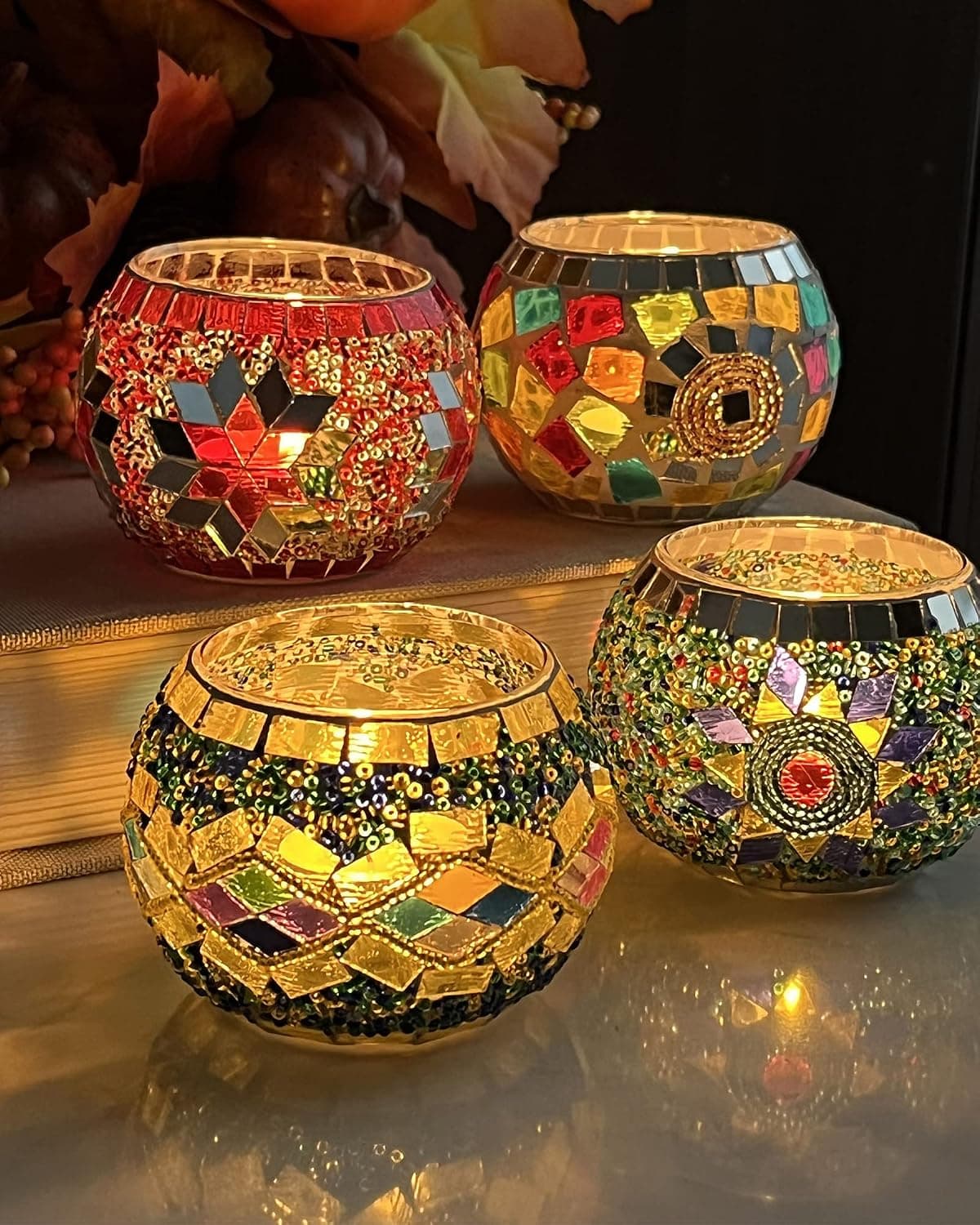 Handmade Mosaic Glass Tealight Holders for Diwali Gifts - 4 Piece Set