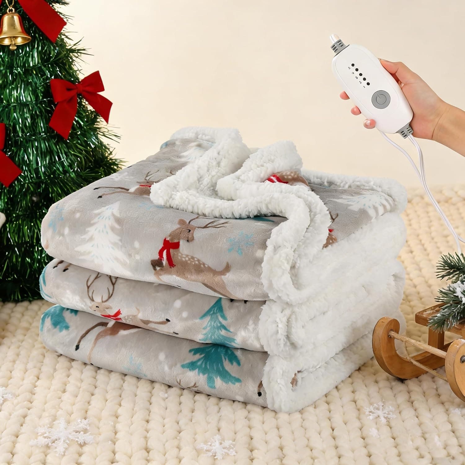 Electric Heated Blanket Full 72"x84" - 5 Heat & 10H Auto-Off, Microplush Flannel & Sherpa, Same Color Both Sides, Machine Washable, Overheat Protection, Gifts for Home/Bedroom/Sofa, Christmas Reindeer