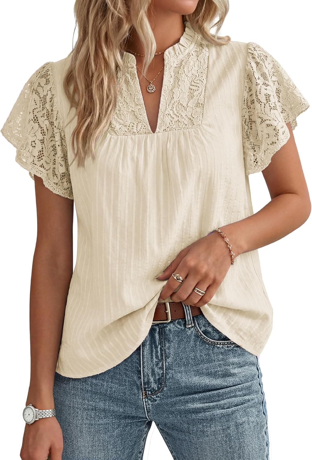 GRACE KARIN Womens Lace Short Sleeve Tops Summer Dressy Casual Cotton Blouses Flowy V Neck Dress Shirts Trendy Clothing 2026 - image 1