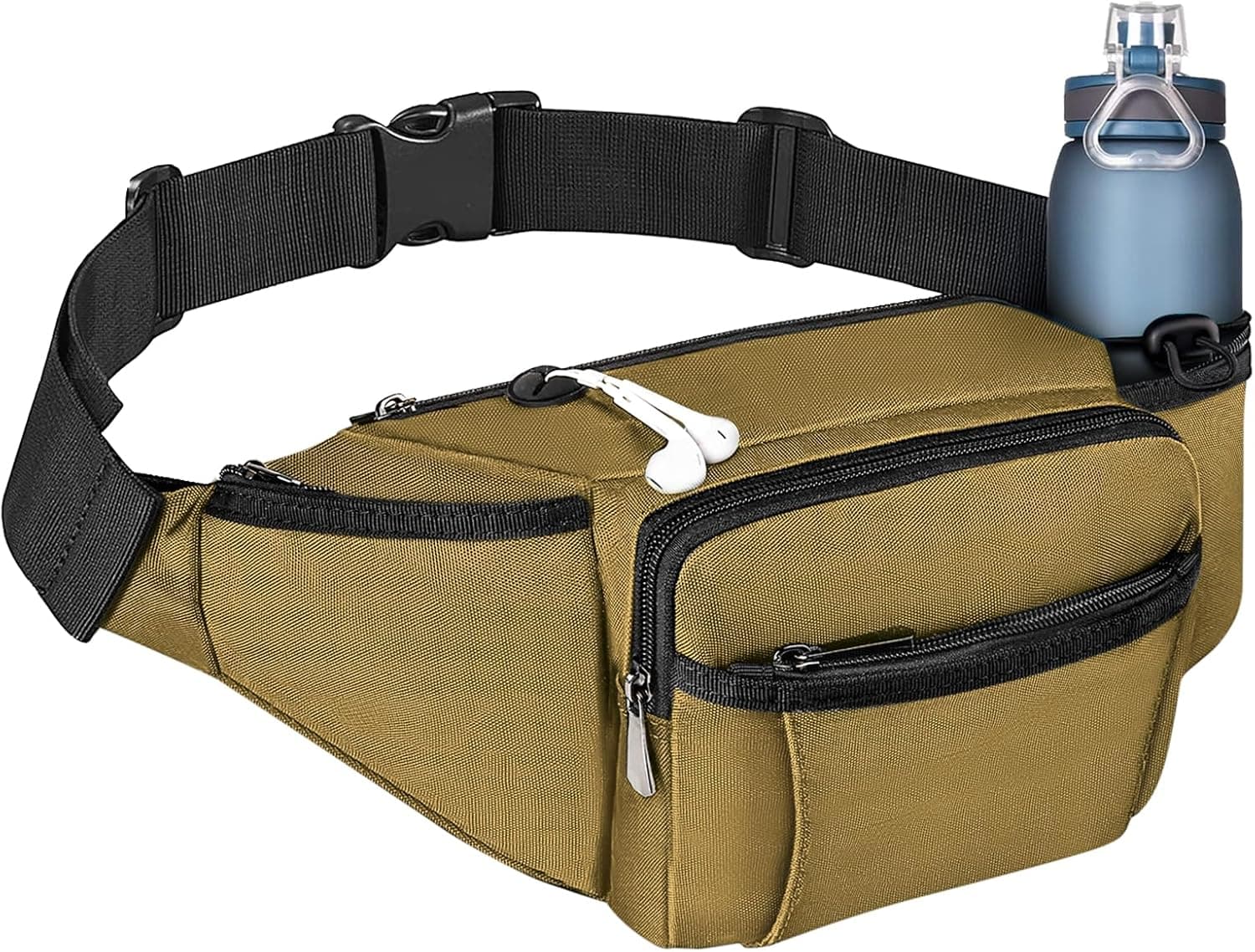 NOOLA Fanny Pack Waist Bag for Men Women, Lightweight Waist Pack with Water Bottle Holder, Adjustable Belt Bag with Multi-Pockets for Hiking, Dog Walking, Outdoor, Cycling, Running, Travel, Khaki