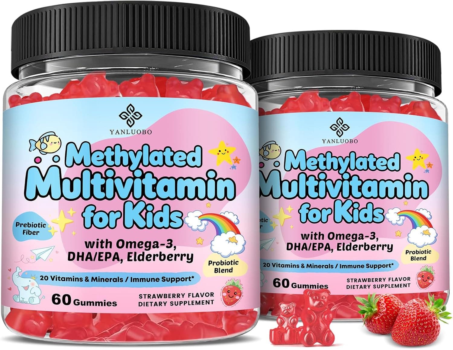 Kids Multivitamin Gummies with Omega-3 (Dha+Epa), Methylated B12 & Folate, B6, B2 & Elderberry, Vitamin D3, C, A, E, Zinc, Postbiotics, Choline | for Brain, Eye & Immune, Clean, Sugar Free, 120 Cts