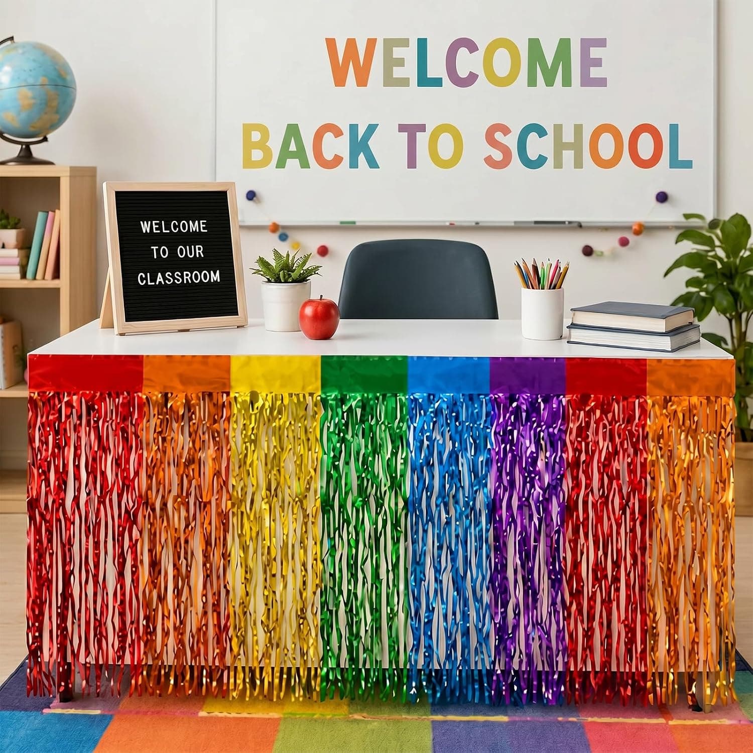 108 x 30 Inch Teacher Desk Skirts, Rainbow Classroom Decor