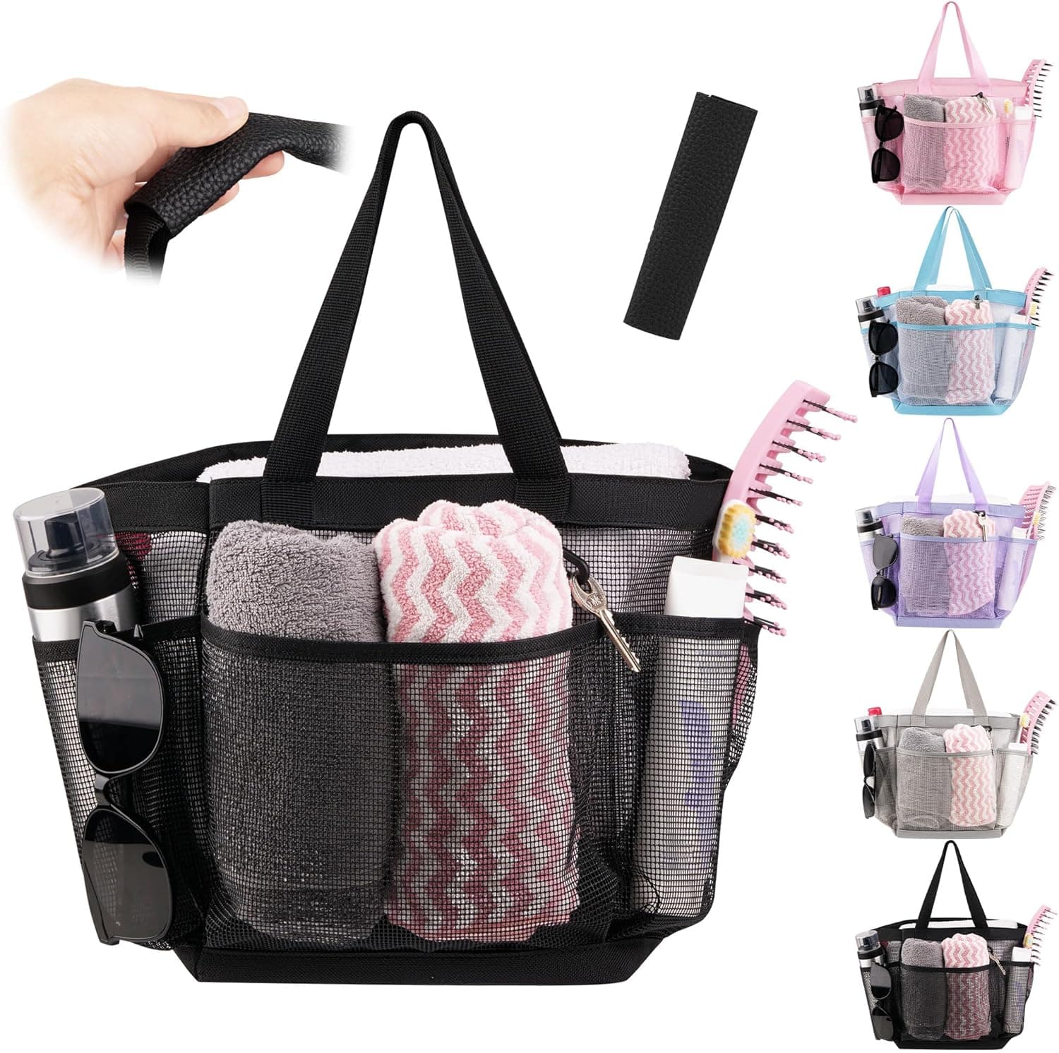 Mesh Shower Caddy Portable for College Dorm Room Essentials with 8 Pockets, Hanging Caddy Dorm Basket, Quick Dry Shower Bag for Bathroom (Black, 1Pack)