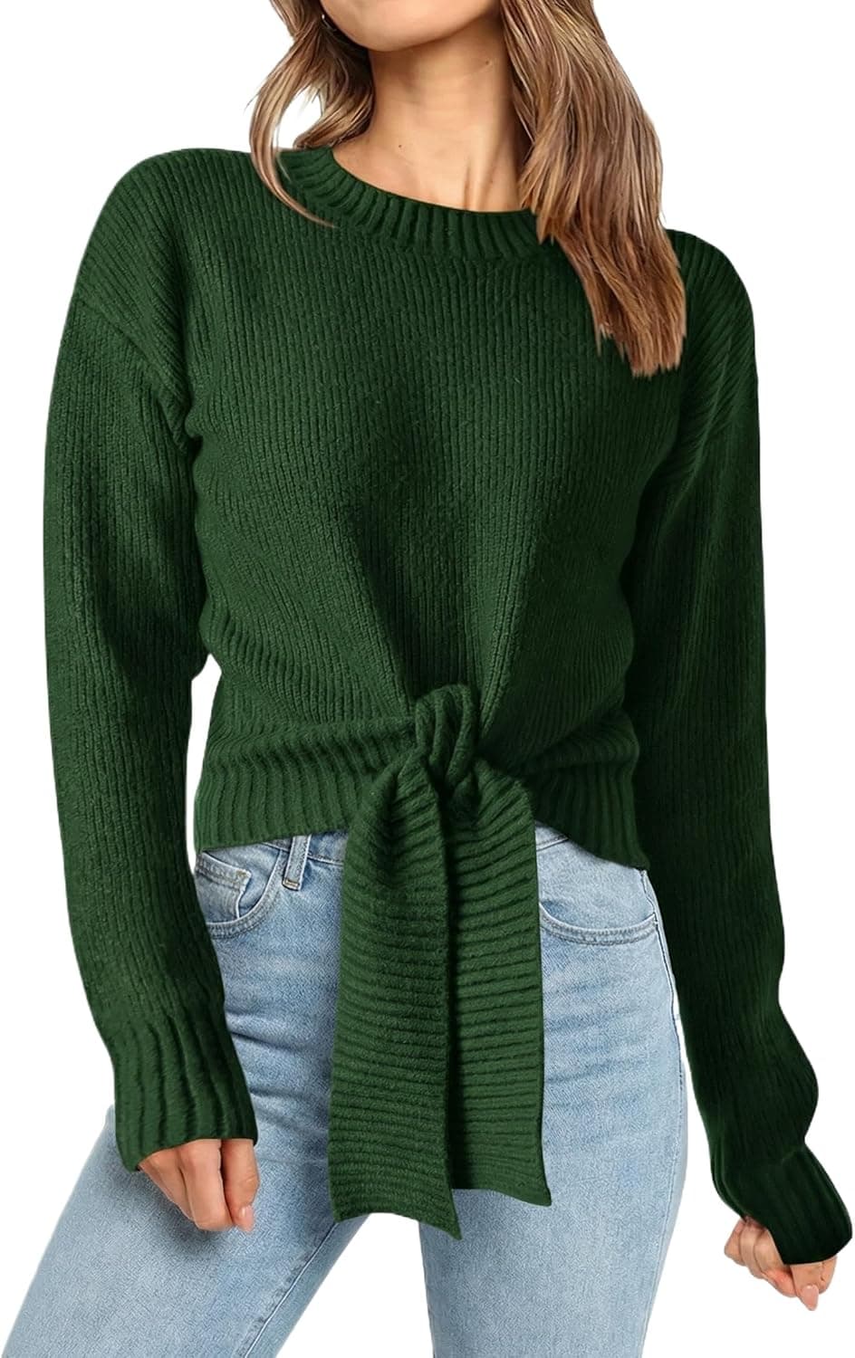 Okiwam Women's Long Sleeve Cropped Sweaters Casual Knit Pullover Tie Front Crew Neck Fall Outfits Spring Fashion Clothes 2026 - image 1