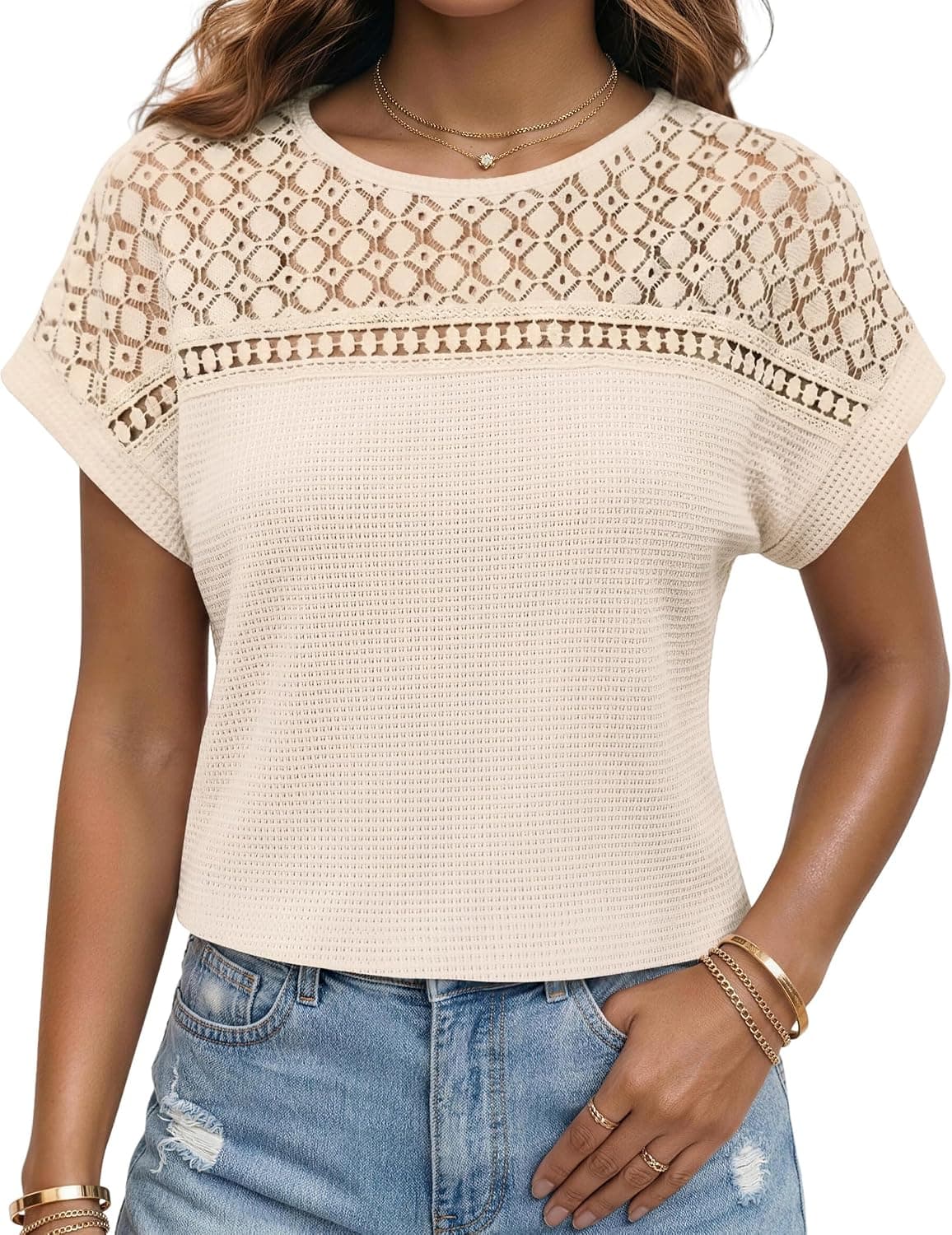 Womens Waffle Knit Tops Short Sleeve Hollow Out Shirts Loose Fit Casual Summer Tops Dressy Business Casual Blouses