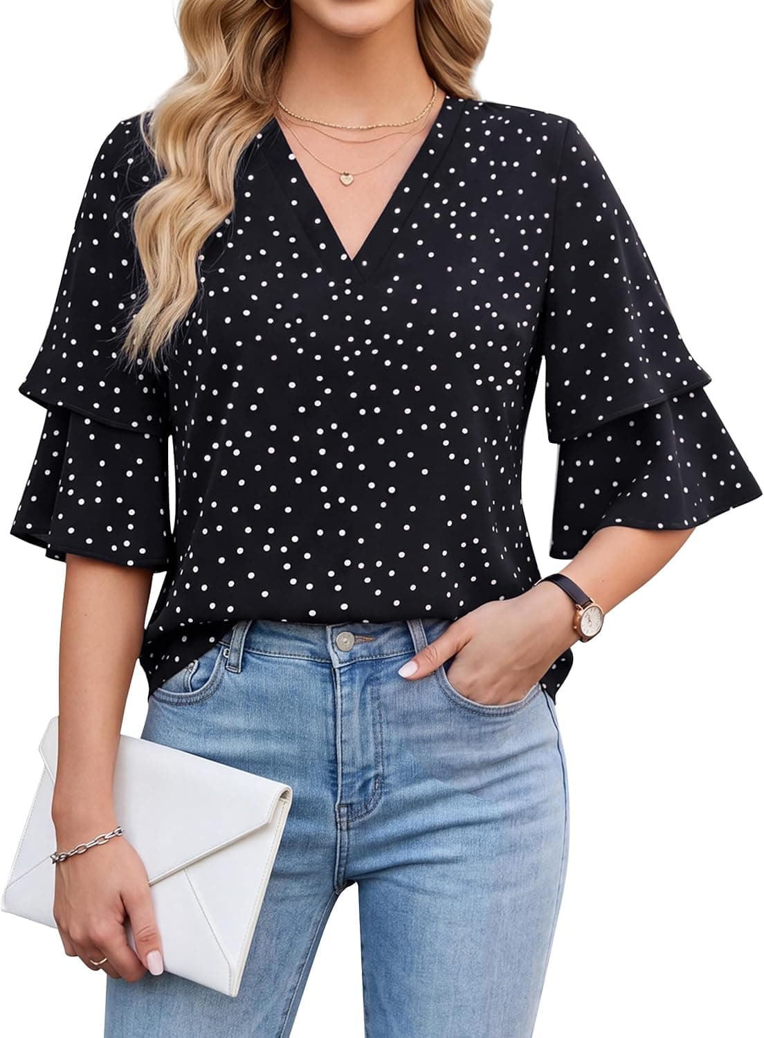 Blooming Jelly Womens Dressy Casual Blouse 3/4 Length Flutter Sleeve Polka Dot Tops V Neck Business Trendy Summer Work Shirt