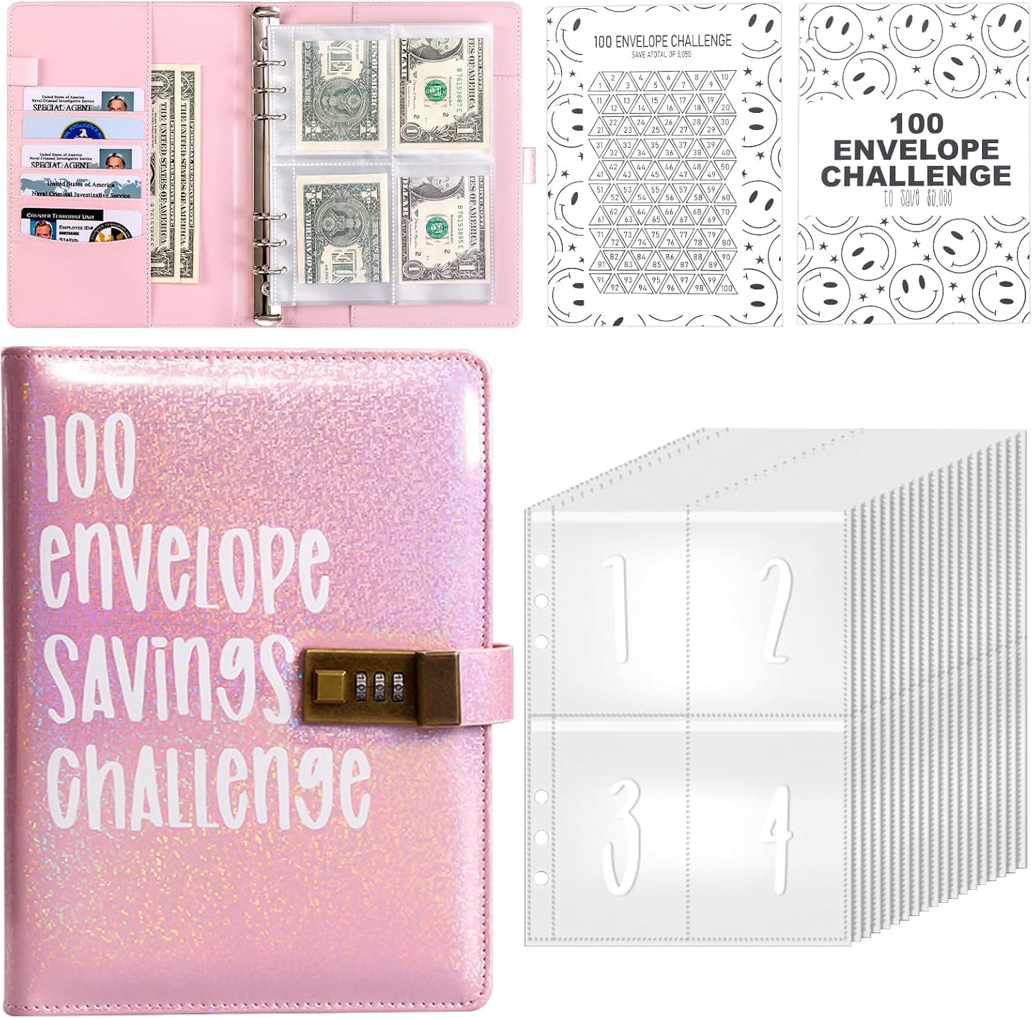 100 Envelopes Money Saving Challenge, Money Saving Budget Binder with Cash Envelope, Budget Saving Challenge with Combination Lock, Savings Challenge, Save $5,050 Easily (Pink)