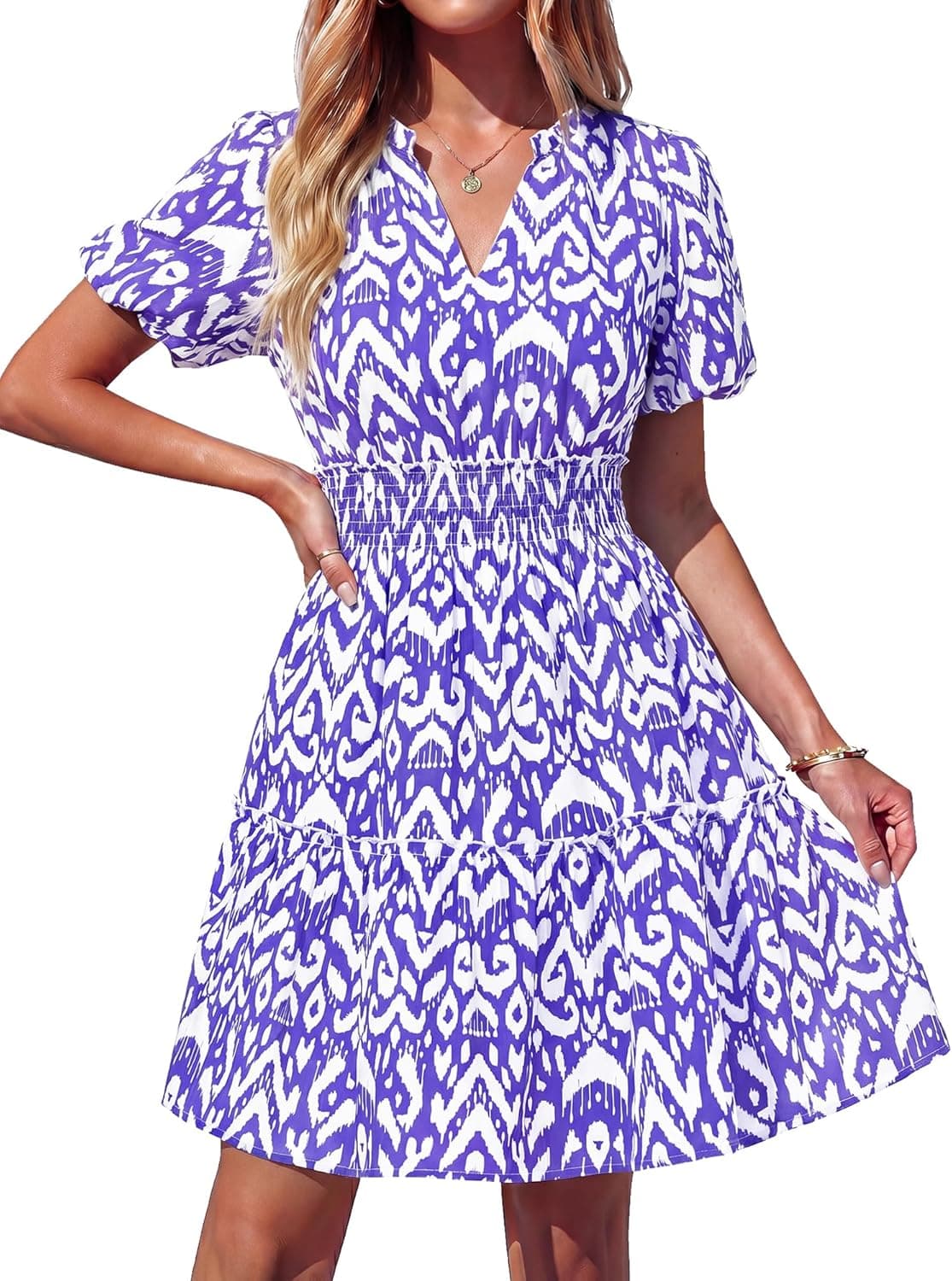BTFBM Summer Mini Dresses for Women 2026 Ruffle Short Sleeve Elastic Waist Floral Beach Vacation Wedding Guest Dress - image 1