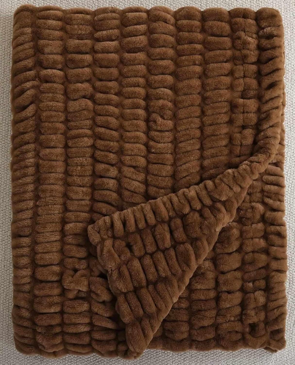 Luxury Faux Rabbit Fur Throw Blanket for Couch, Double-Sided Reversible Thick Plush Gift Throw, Soft Warm Bed Throw Home Decor, Light Brown, 50''x60''