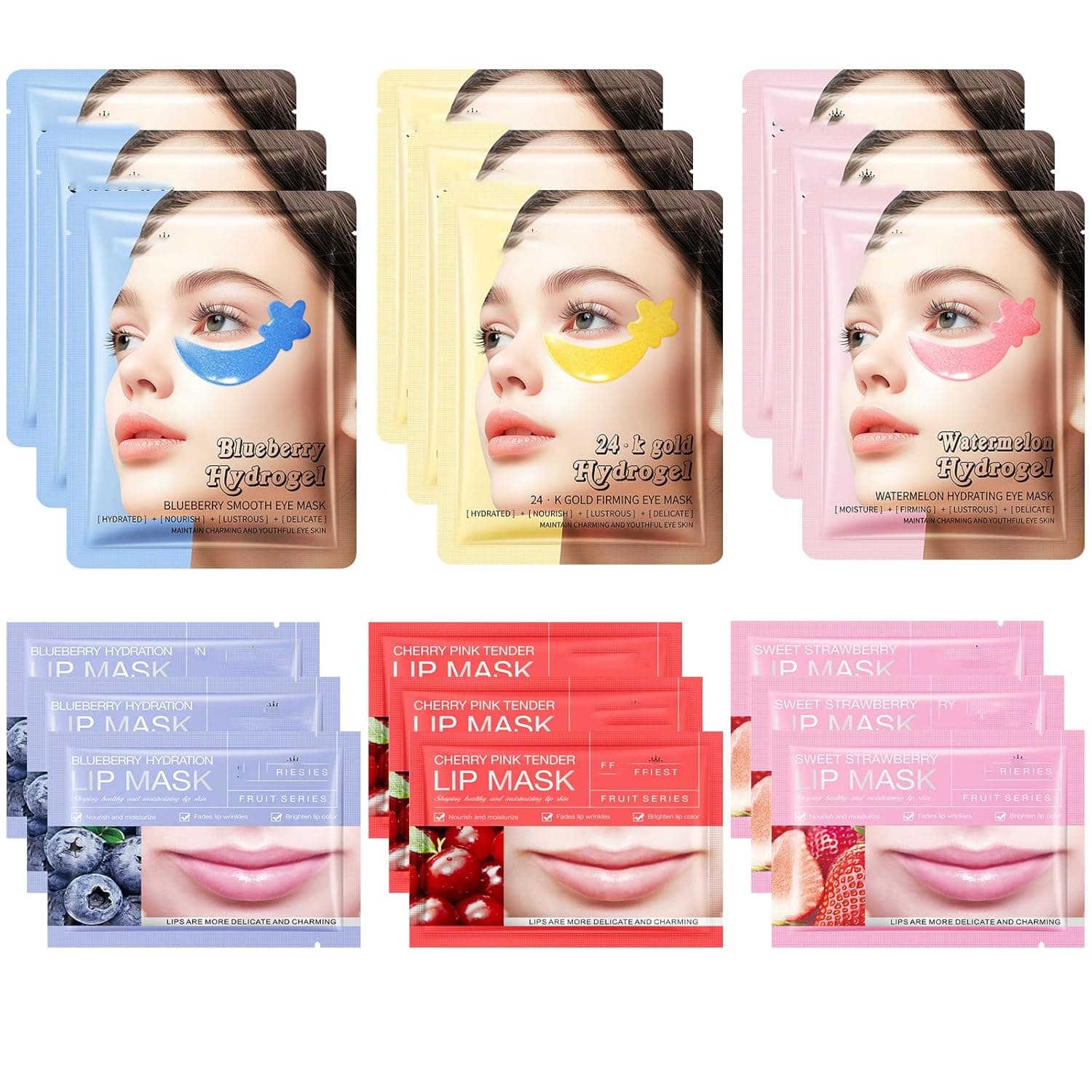 30PCS Lip Masks & Gel Eye Masks,Crystal Collagen Eye Patches for Puffy Eyes, Moisturizing& Reducing Fine Lines Dark Circle Eye Patches for Women Men