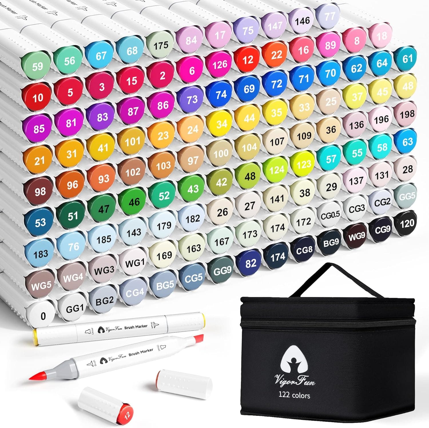 VigorFun Alcohol Markers Brush Tip, 122 Colors Dual Tip Artist Brush & Chisel Tip Sketch Art Paint Marker Pens for Adults Coloring Drawing Sketching Illustration Art Supplies Kit