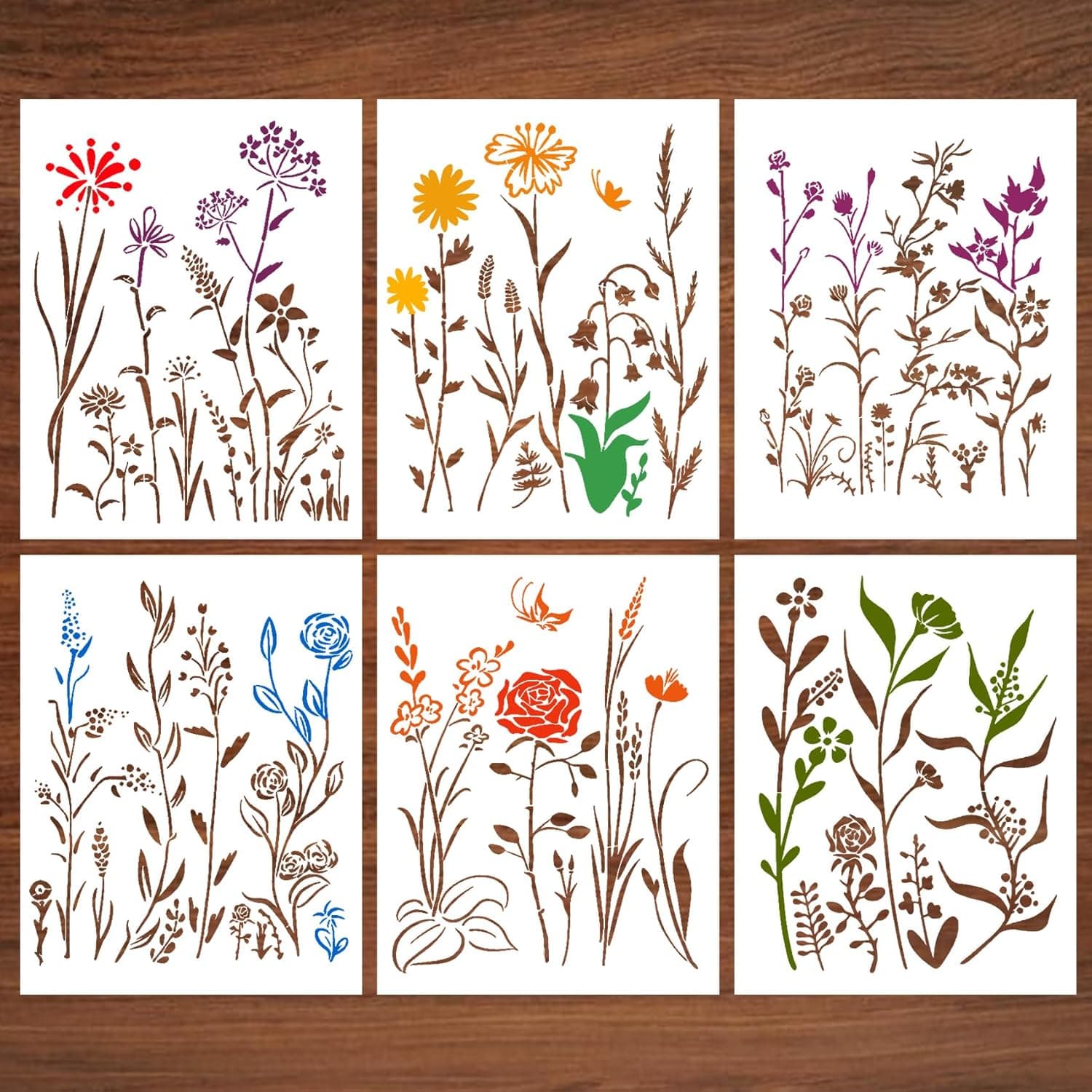6 Pieces Flower Stencils for Painting, Large Reusable Floral Stencils for DIY Crafts, Wildflower Design Templates for Wood, Wall, Furniture Decor