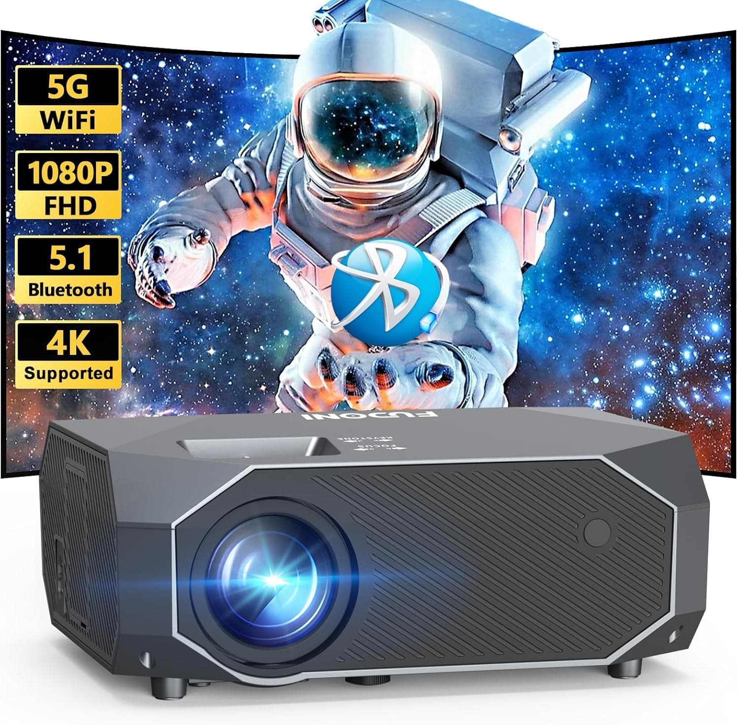 Projector with 5G WiFi and Bluetooth Native 1080P 4K Support, Outdoor Projector, Portable Home Theater Projector for iOS/Android/TV Stick/Laptop/HDMI/USB