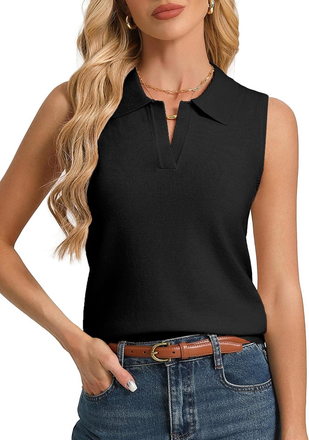 Kate Kasin Women Summer Wool Blend Knit Tank Top, Sleeveless Polo Sweater Vest Lightweight, Business Casual Work Tops - image 1