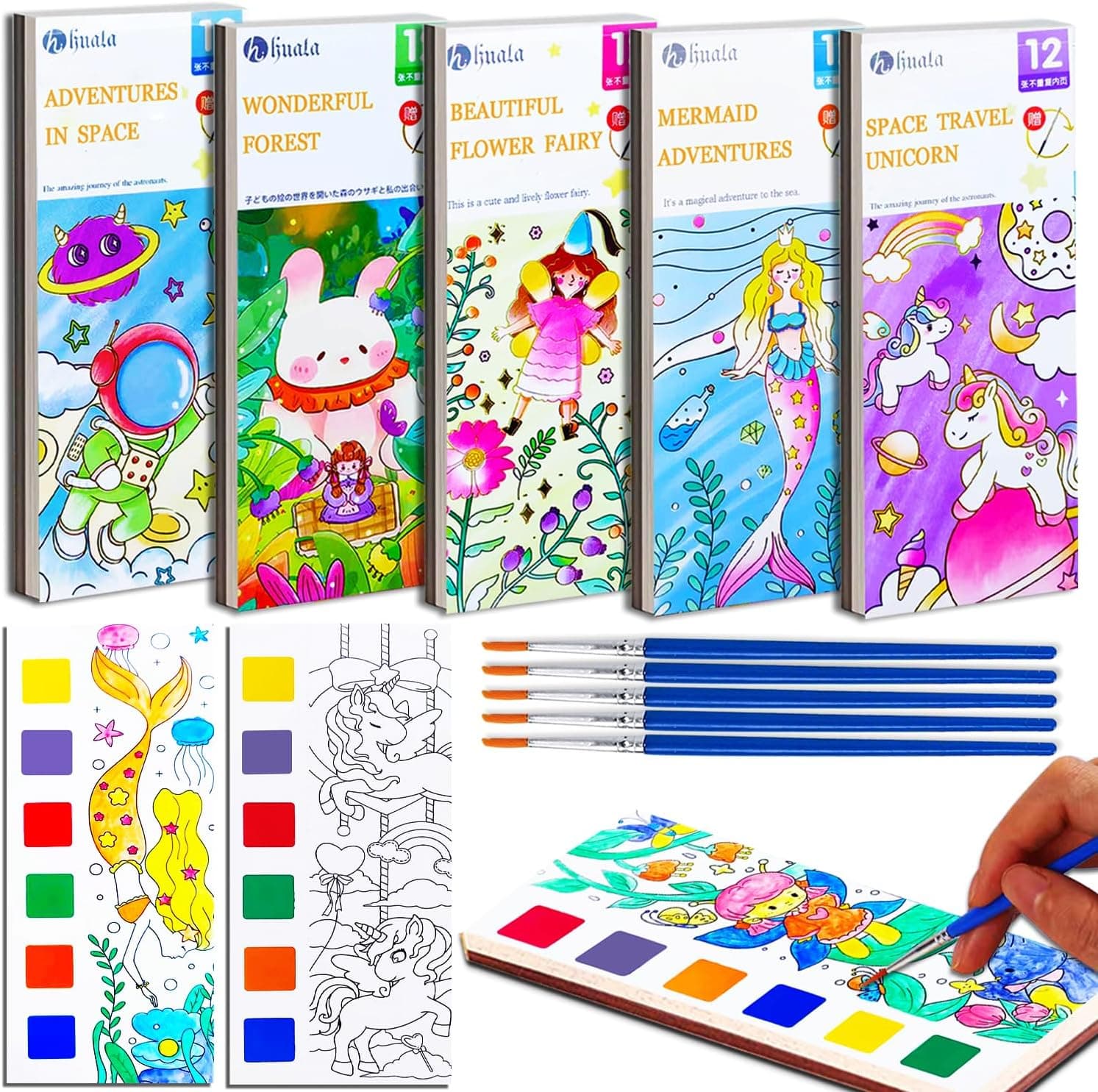 JUNQIU 5Pack Water Color Paint Sets for Kids, Paint With Water Books for Kids Ages 4-8, Pocket Watercolor Painting Book, Arts and Crafts Kit Easter Basket Stuffers For Girls Boys