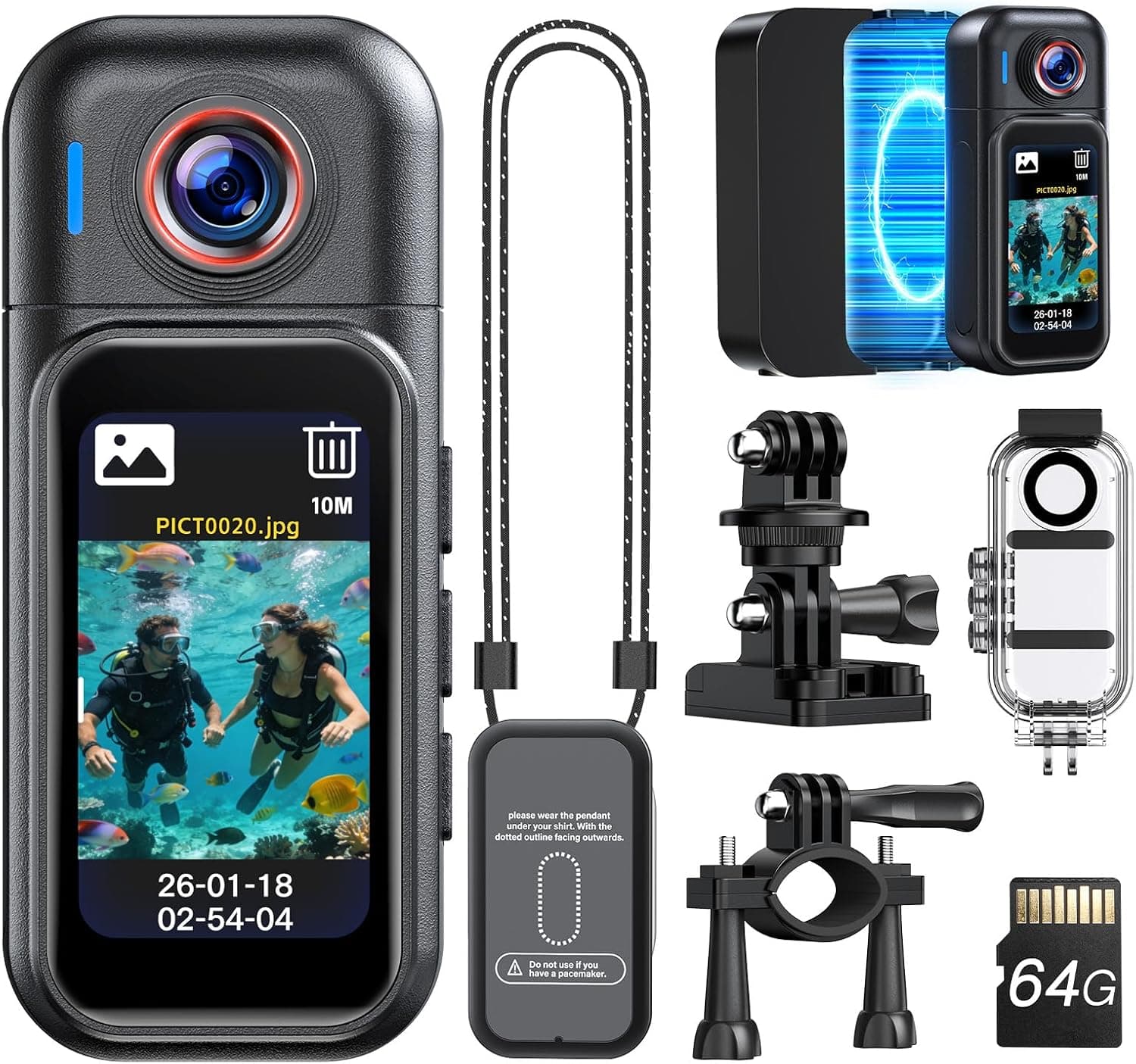BOBLOV Mini Body Camera Waterproof, 64GB Wearable Camera with Smart Touch Screen, 7 Hours Recording with Charging Dock, Magnetic Clips, up to 33FT Waterproof Case for Vlogging, Daily Use W3