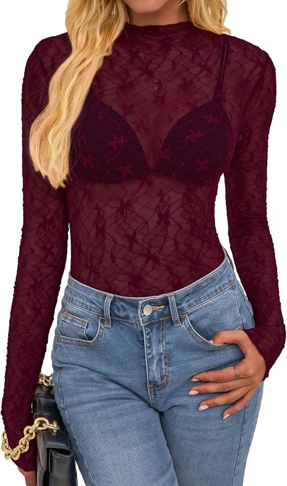 BTFBM Womens Tops Mesh Lace Long Sleeve Tops for Women 2026 Spring Fall Sexy Sheer See Through Tight Party Club Outfits