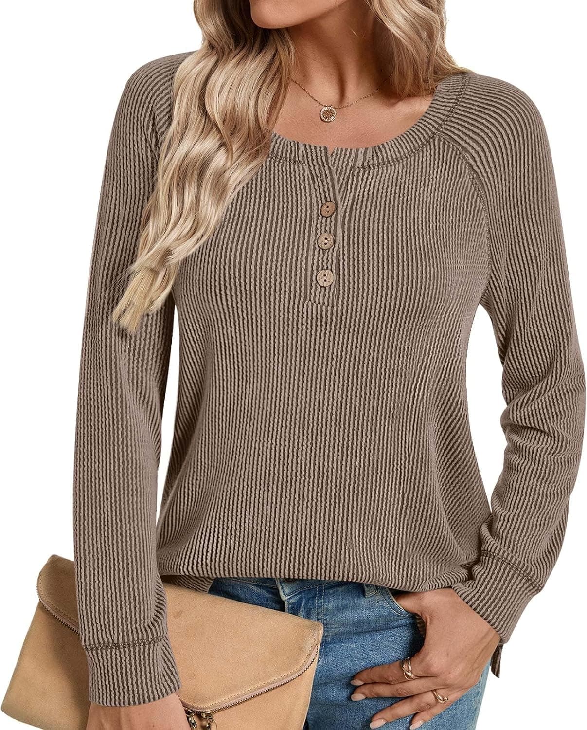 Findsweet Women's Long Sleeve Shirts Fall Fashion Trendy Tops Crewneck Knit Basic Sweaters S-3XL