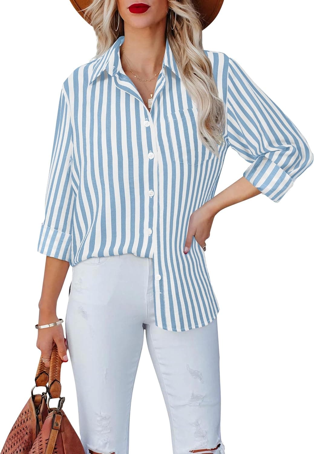 Super Soft Women's Striped Button Down Shirts Linen Dress Shirts Casual Long Sleeve Blouses Tops