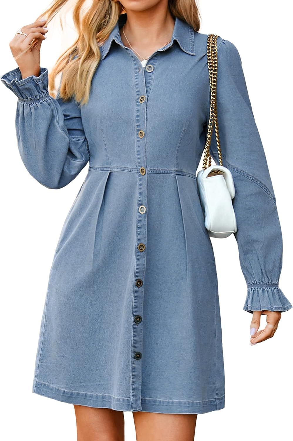 Simplee Womens Denim Dress Long Sleeve 2025 Fall Western Outfit Babydoll Button Down Mini Jean Dresses Trendy with Pockets
