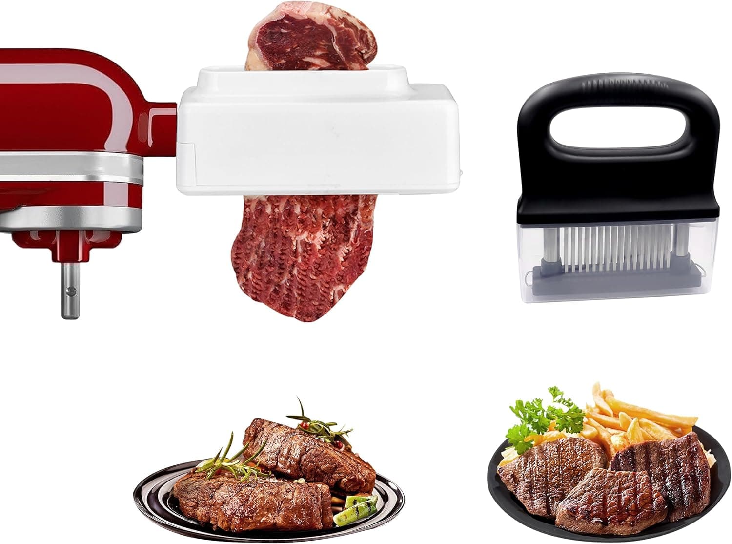Meat Tenderizer Attachment for KitchenAid Stand Mixer, 2-in-1 Kit with Handheld Mallet, 48 Stainless Steel Blades Meat Cuber for Pork, Beef & Chicken, Up to 0.8" Thick, Dishwasher Safe
