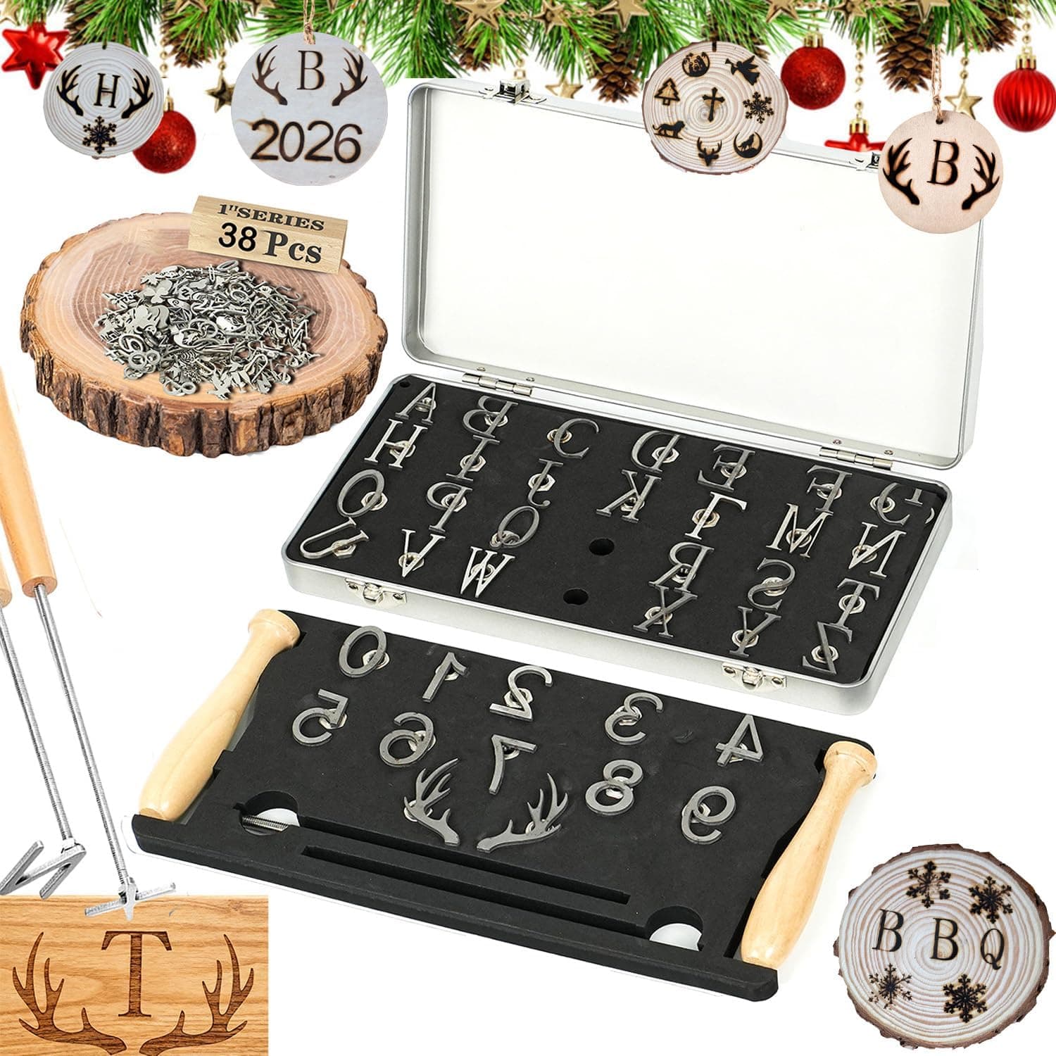 38 Pcs 1" Branding Iron Kit, Stainless Steel Assorted Characters，Letters, Numbers & Symbols Custom for Wood, Leather, Steak, Hat Decorating - with Handle & Toolbox (38Pcs)