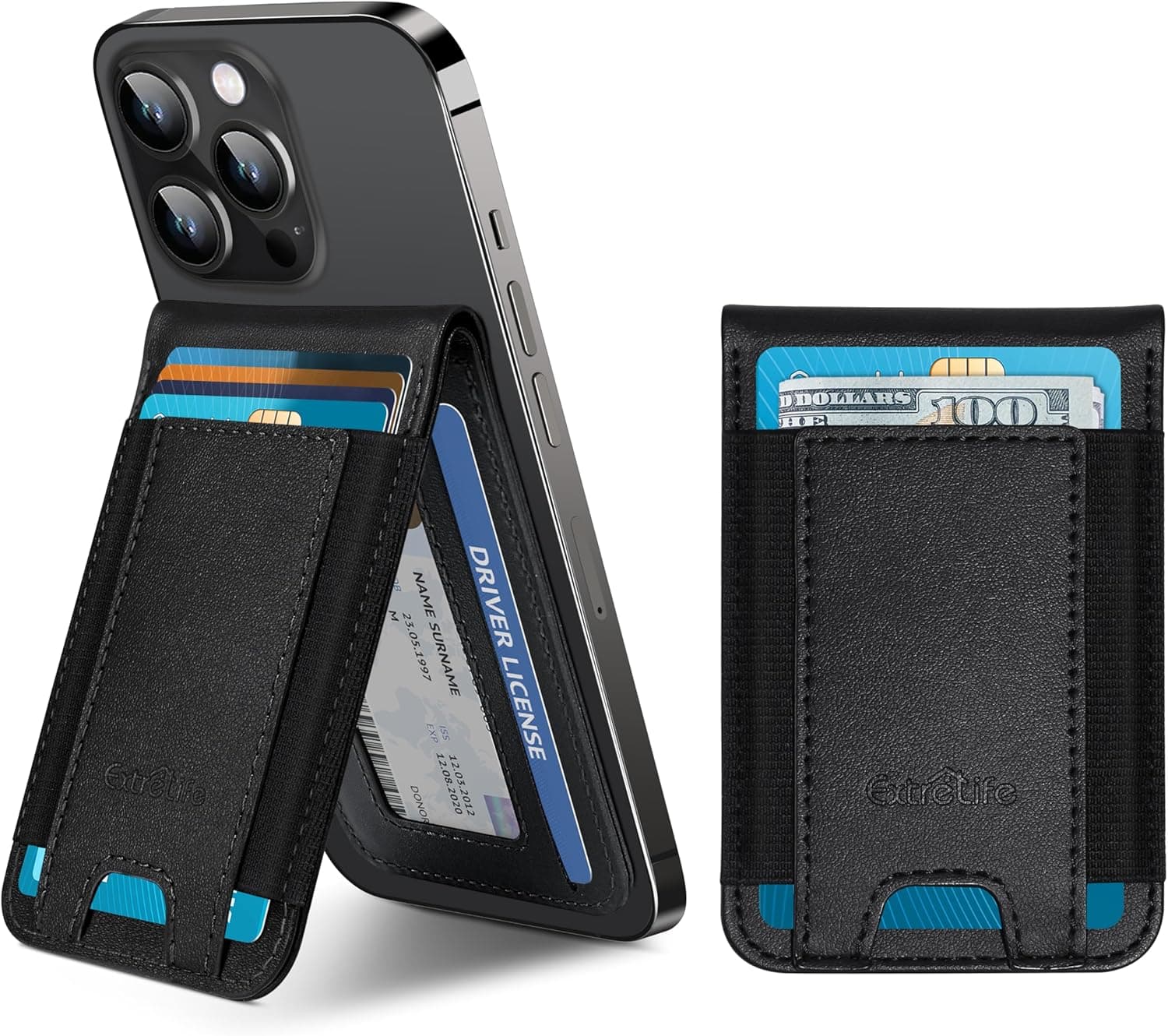 Phone Wallet Stick On, Upgraded Phone Wallet with Adjustable Stand, Open ID Window, 8-Card Holder, Stronger 3M Adhesive Credit Card Holder for Back of Phone Case, iPhone, Samsung and Android, Black